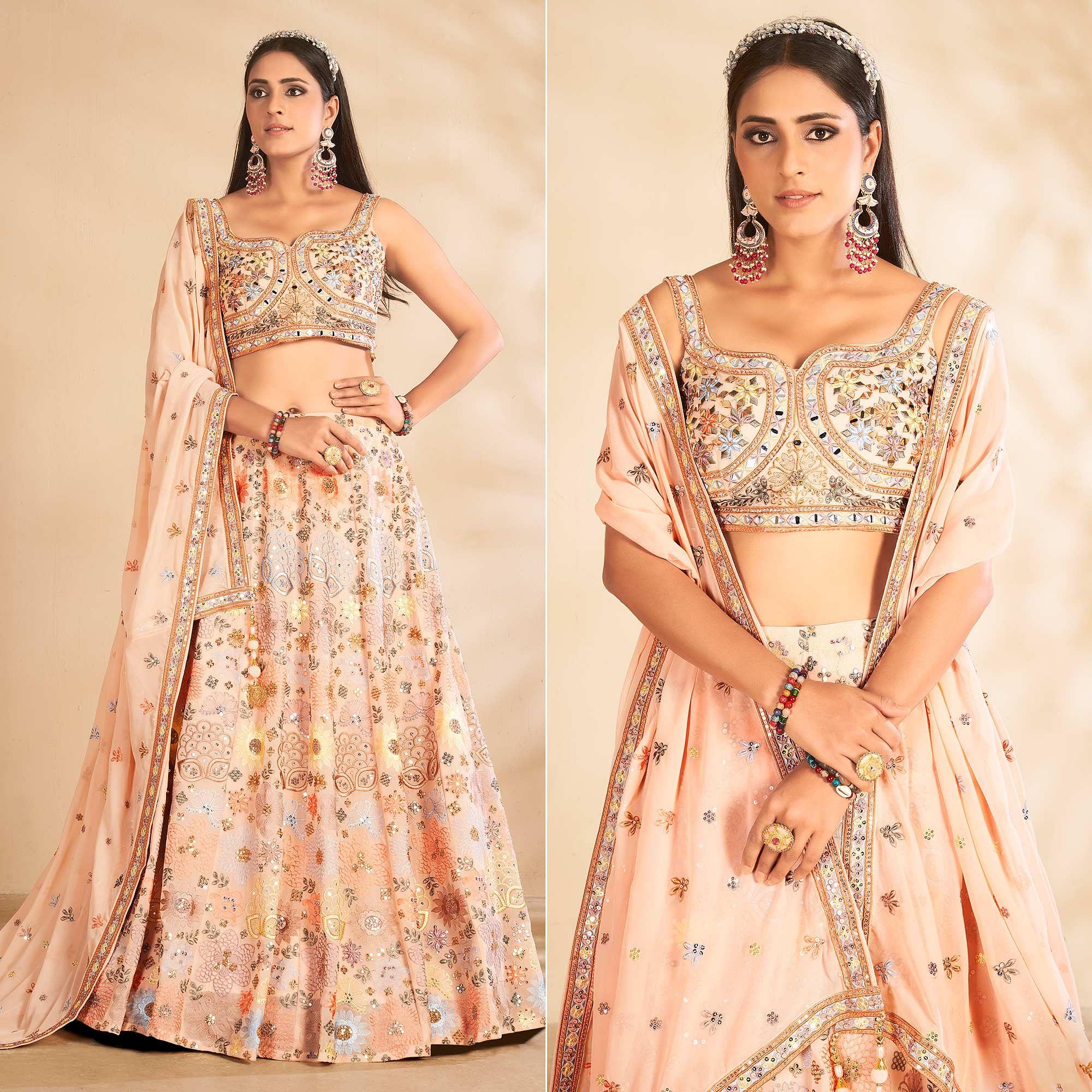 Peach Embellished With Embroidered Georgette Lehenga Choli - Peachmode