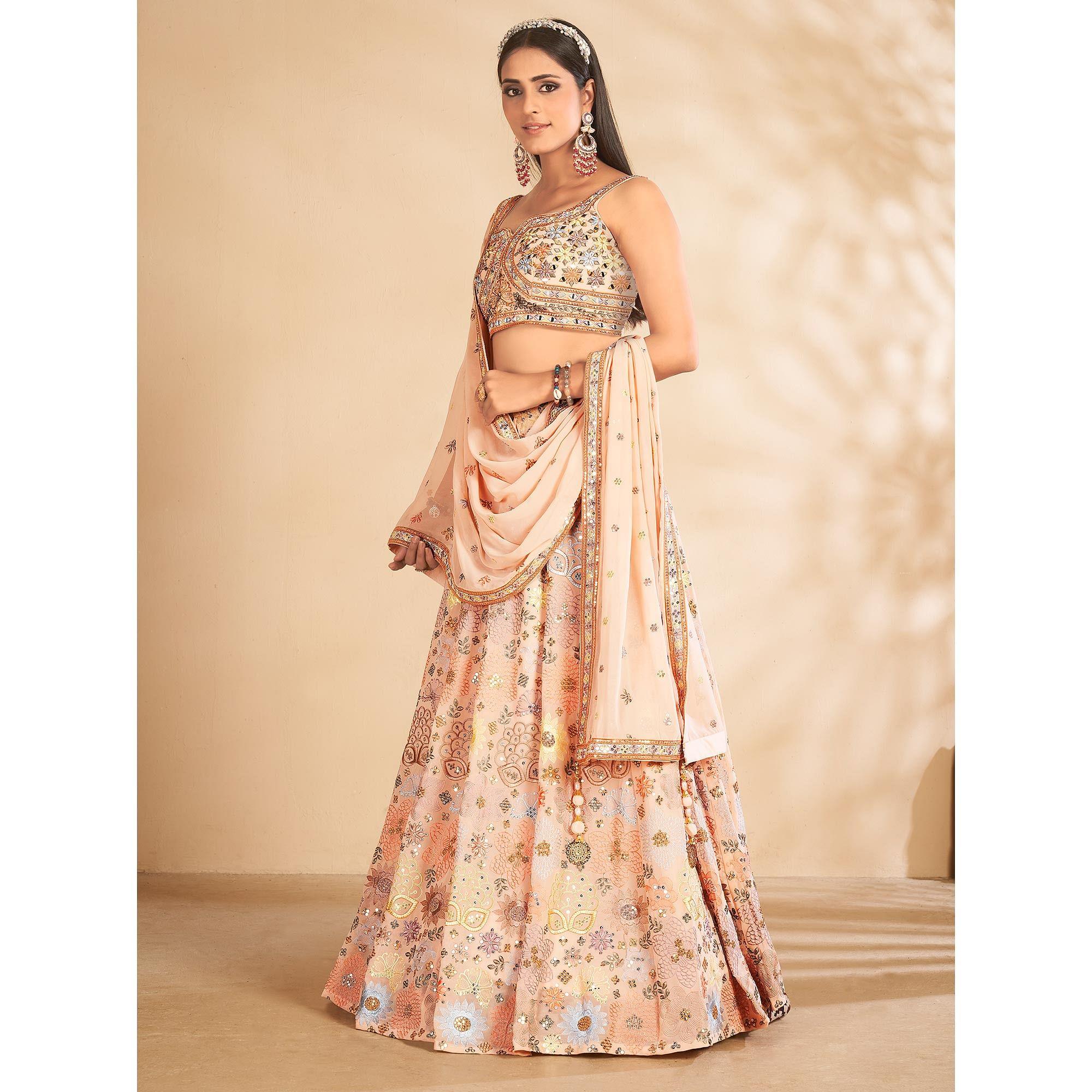 Peach Embellished With Embroidered Georgette Lehenga Choli - Peachmode