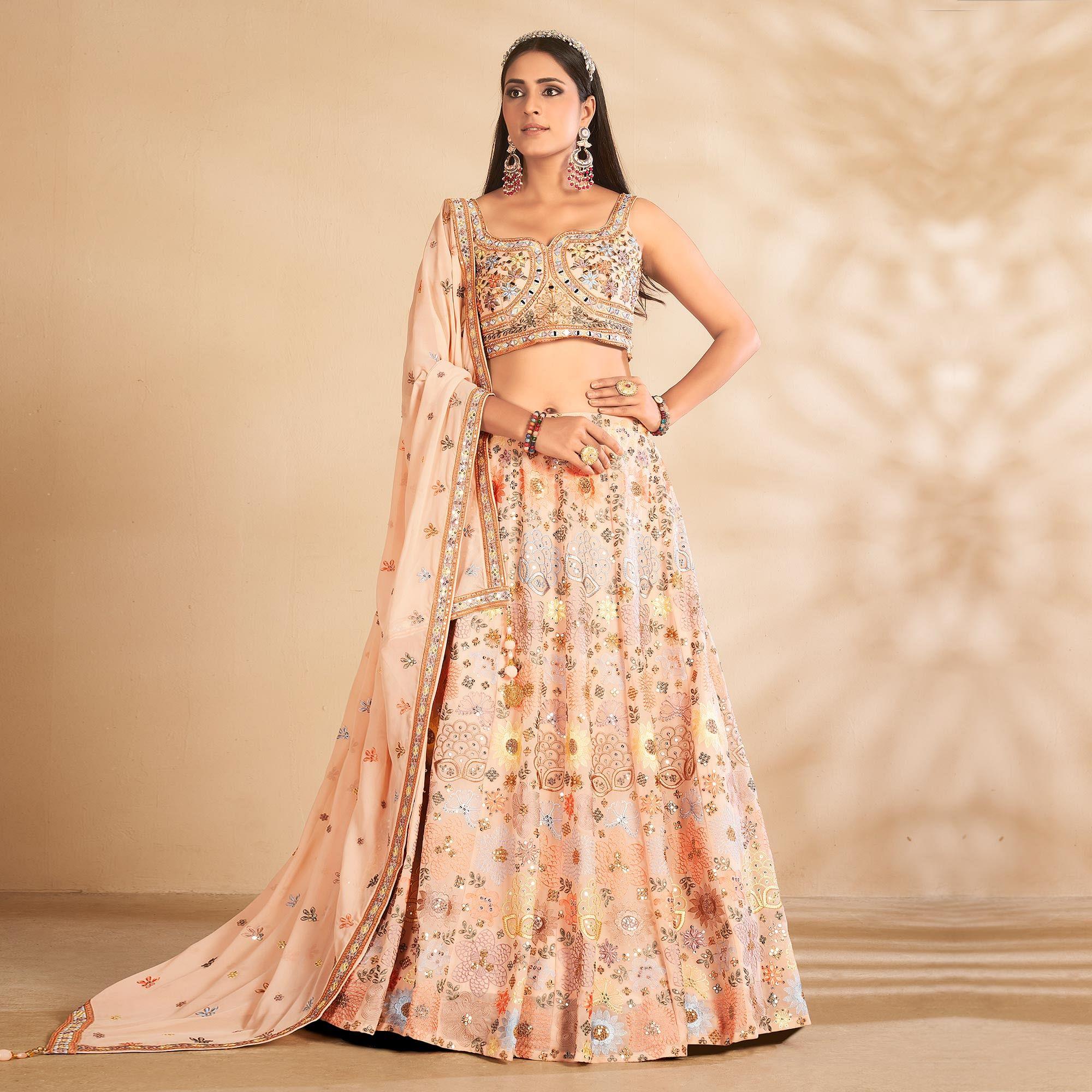 Peach Embellished With Embroidered Georgette Lehenga Choli - Peachmode