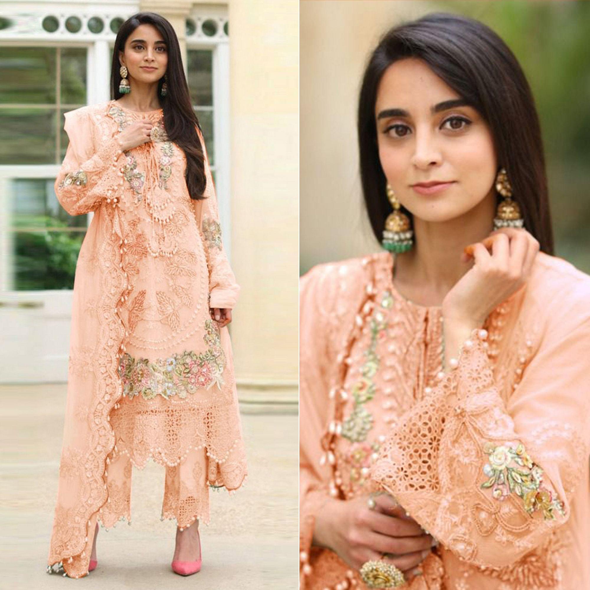 Peach Embellished With Embroidered Georgette Pakistani Suit - Peachmode