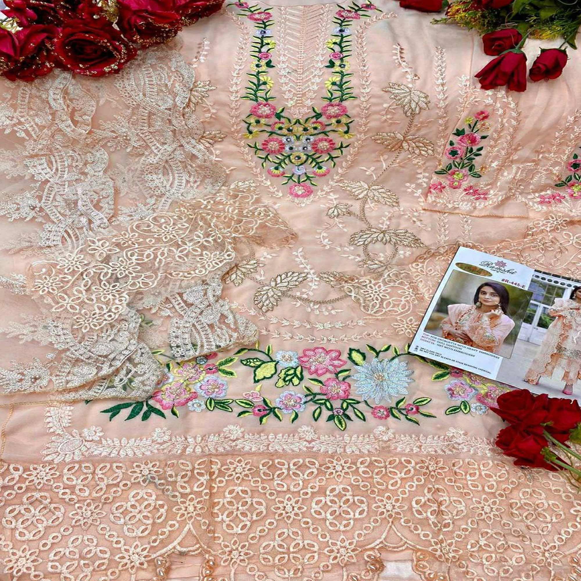 Peach Embellished With Embroidered Georgette Pakistani Suit - Peachmode