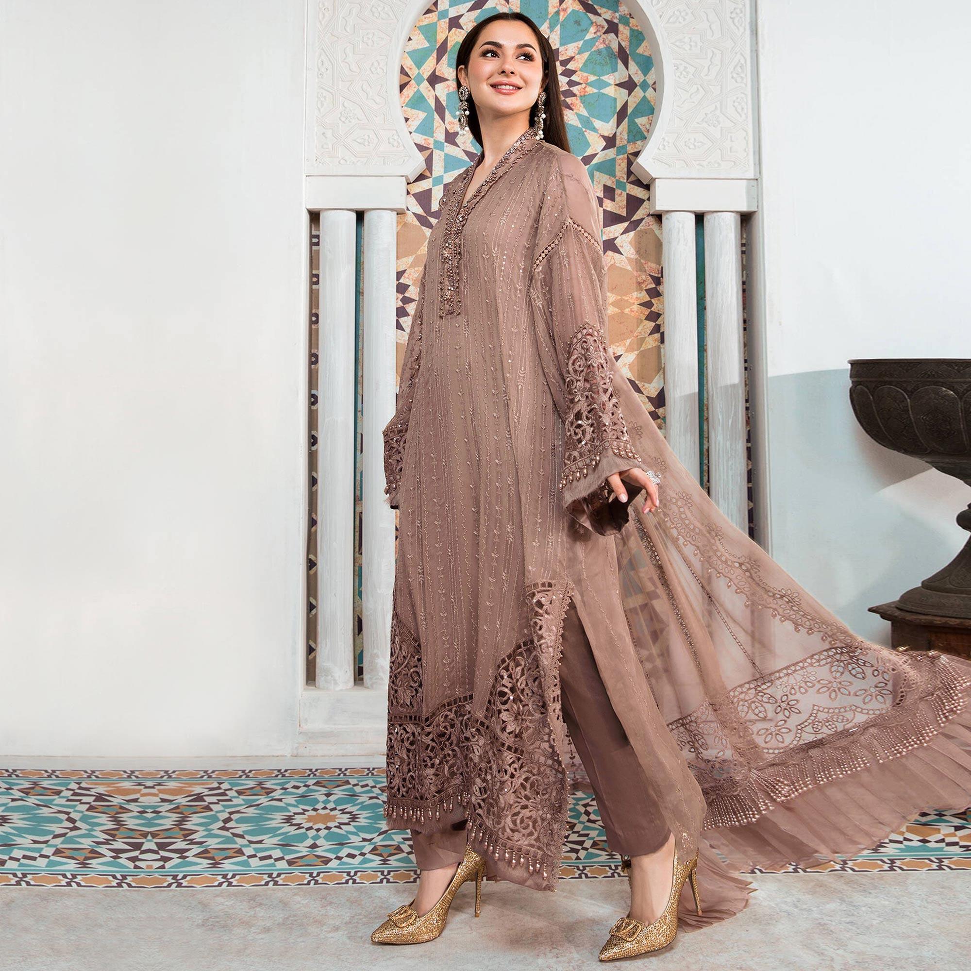 Peach Embellished With Embroidered Georgette Pakistani Suit - Peachmode