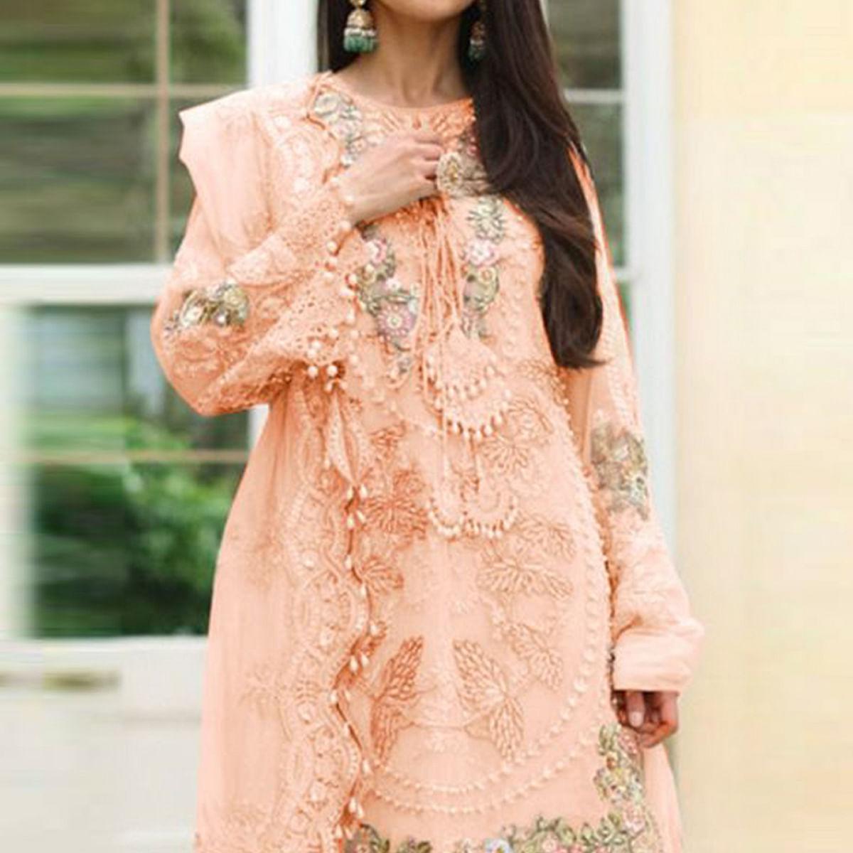 Peach Embellished With Embroidered Georgette Pakistani Suit - Peachmode
