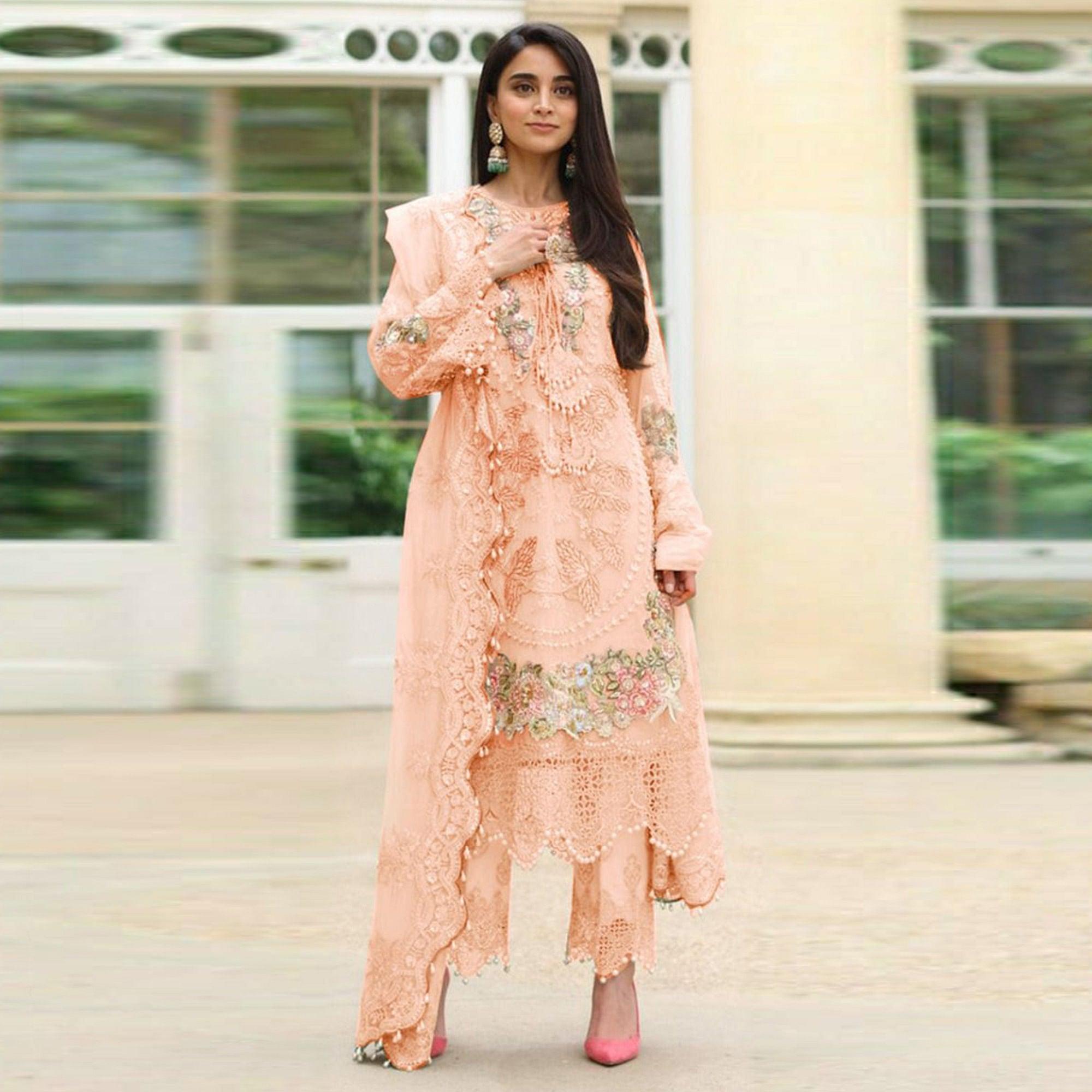 Peach Embellished With Embroidered Georgette Pakistani Suit - Peachmode