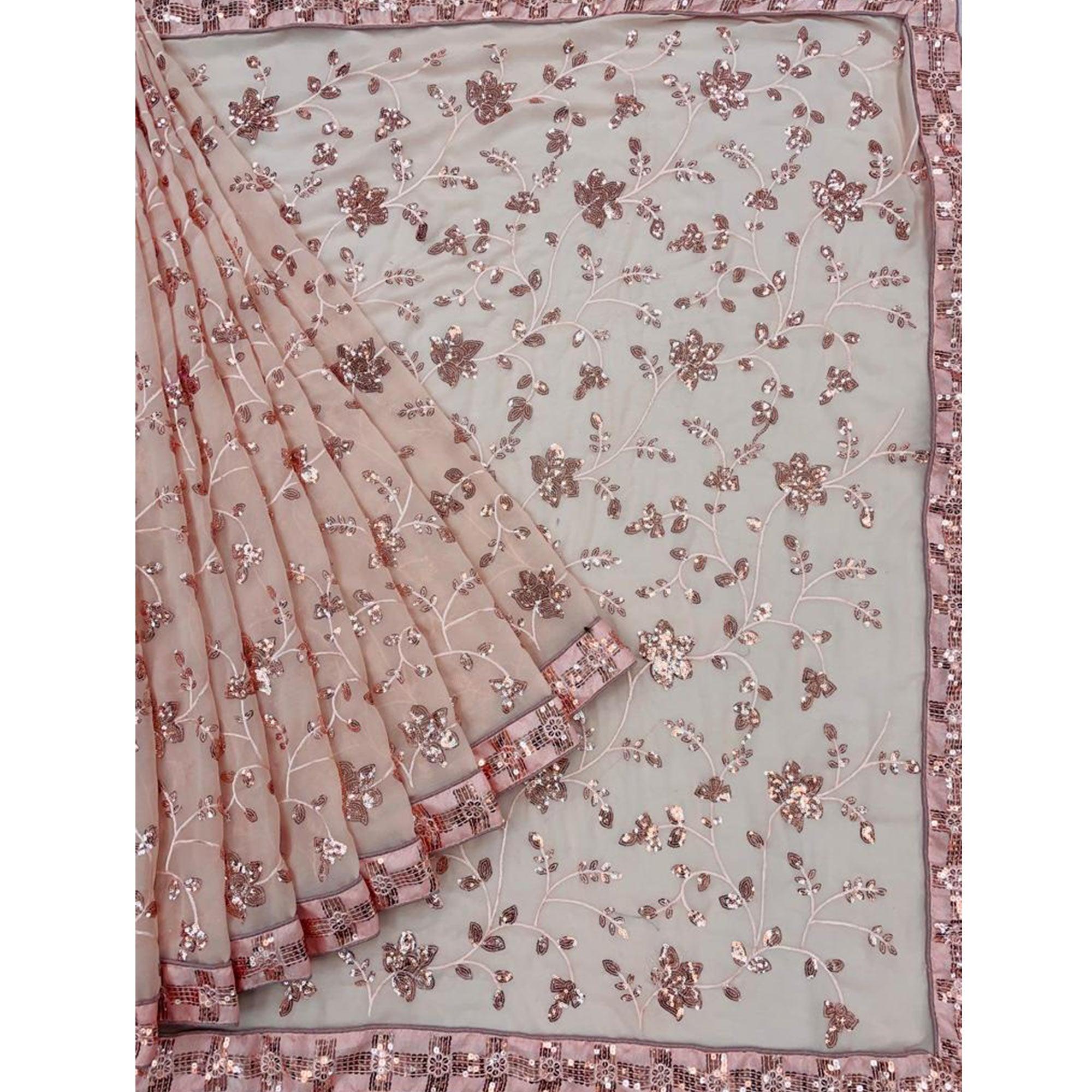 Peach Embellished With Embroidered Georgette Saree - Peachmode