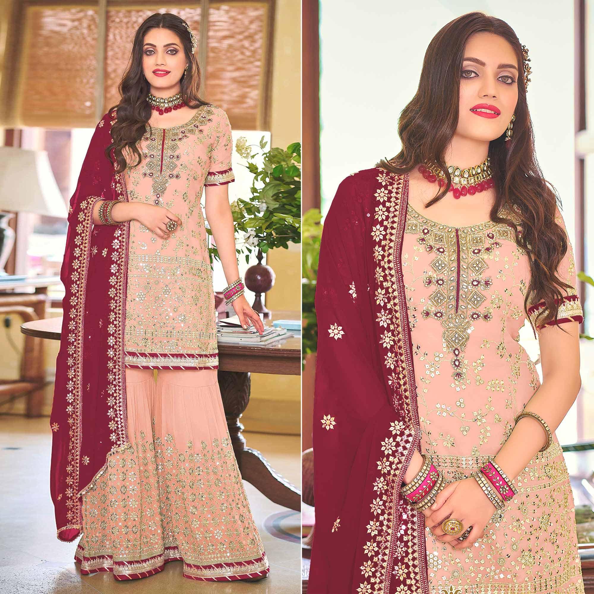 Peach Embellished With Embroidered Georgette Sharara Suit - Peachmode