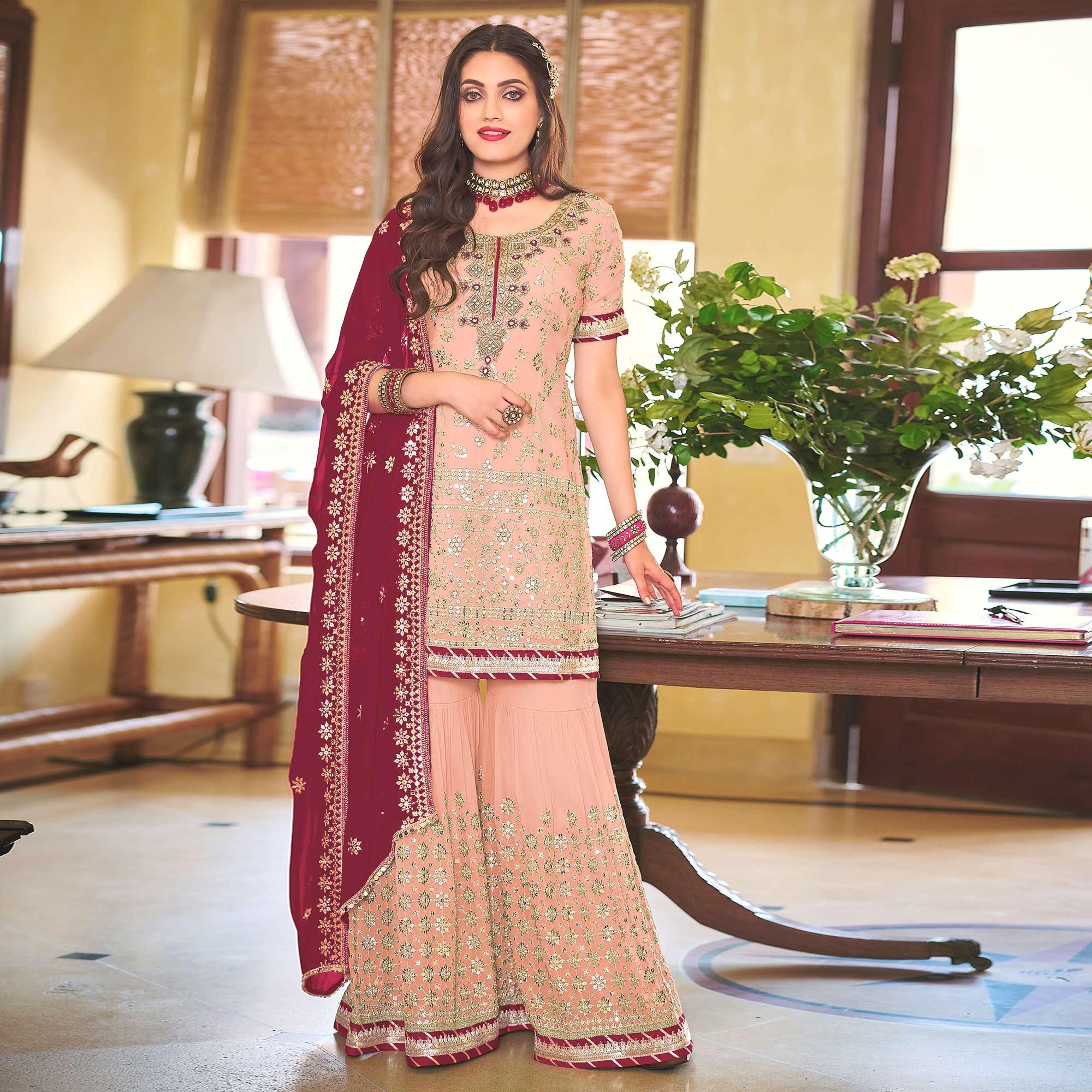 Peach Embellished With Embroidered Georgette Sharara Suit - Peachmode