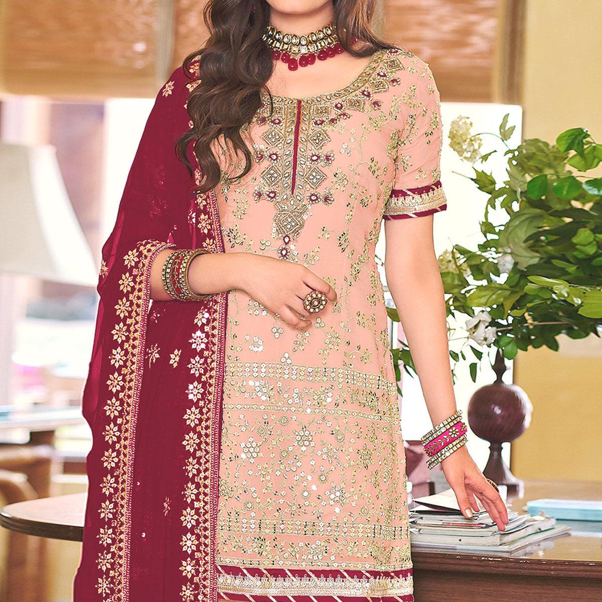 Peach Embellished With Embroidered Georgette Sharara Suit - Peachmode