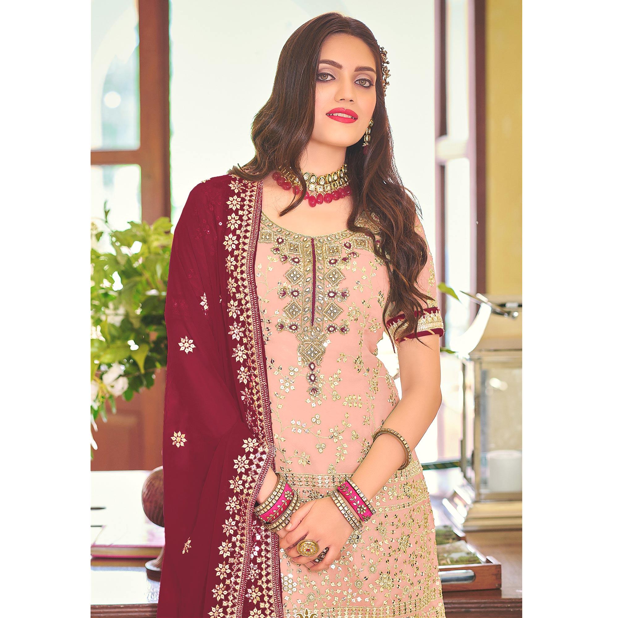 Peach Embellished With Embroidered Georgette Sharara Suit - Peachmode