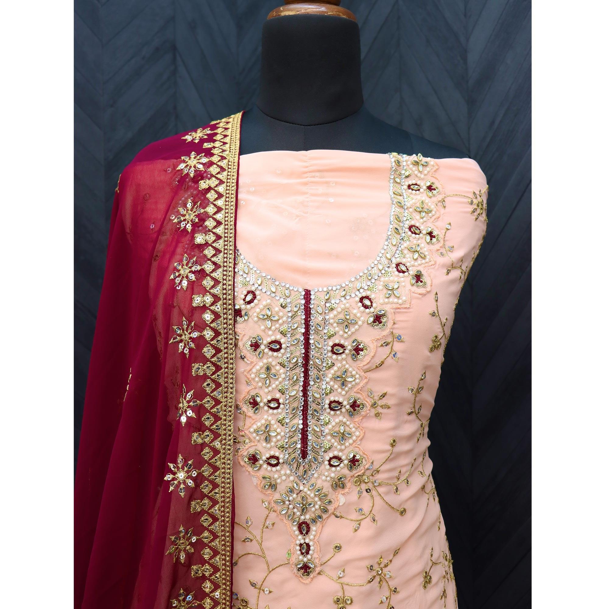 Peach Embellished With Embroidered Georgette Sharara Suit - Peachmode