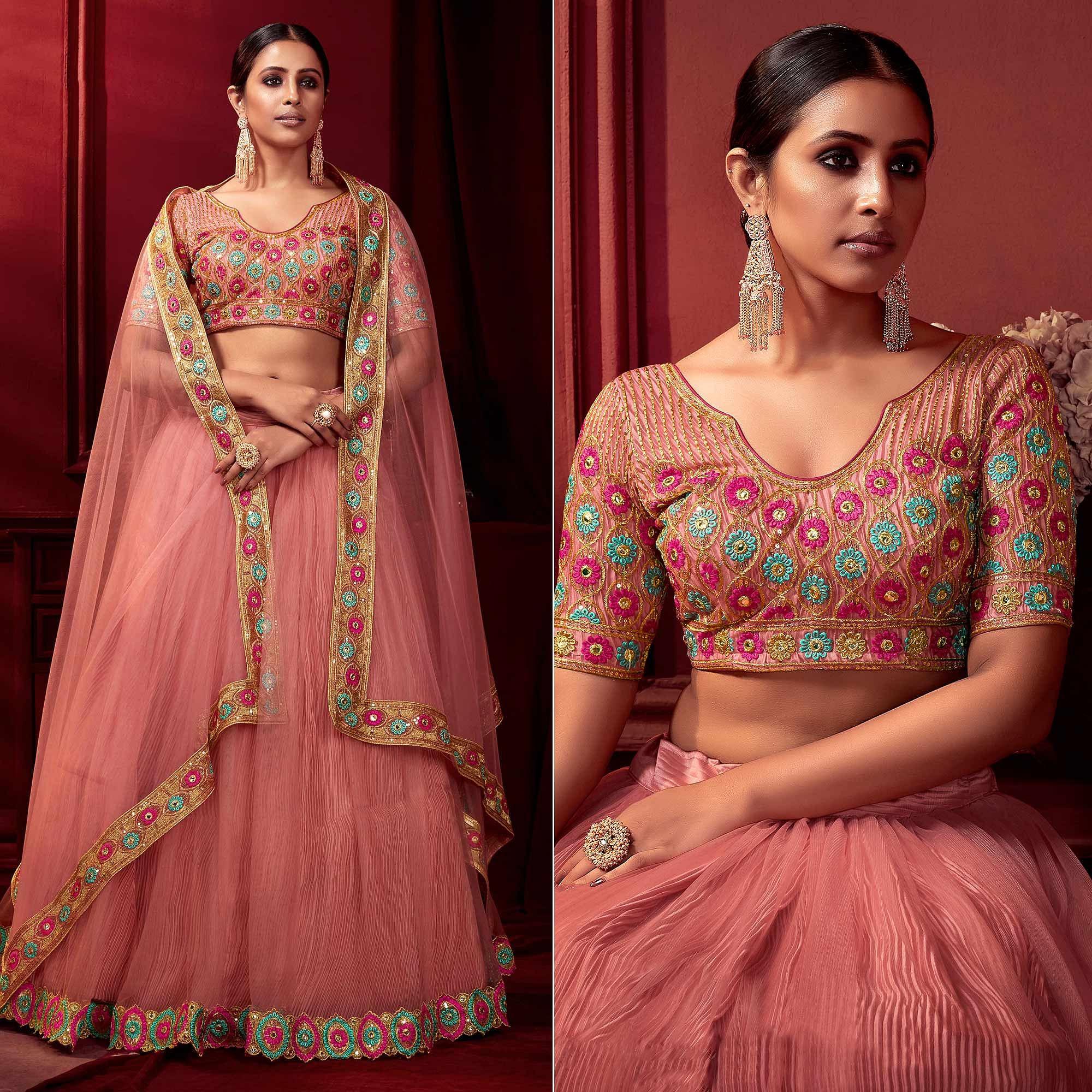 Peach Embellished With Embroidered Net Lehenga Choli - Peachmode