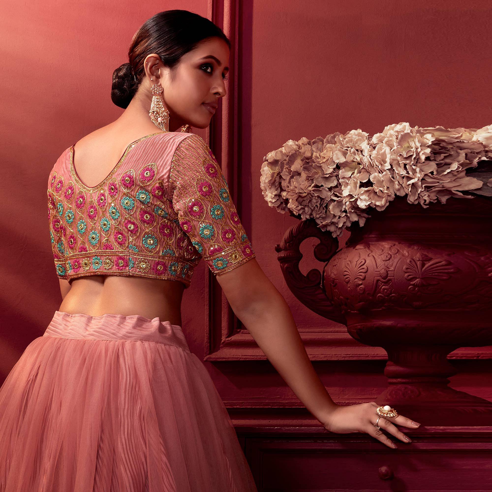 Peach Embellished With Embroidered Net Lehenga Choli - Peachmode