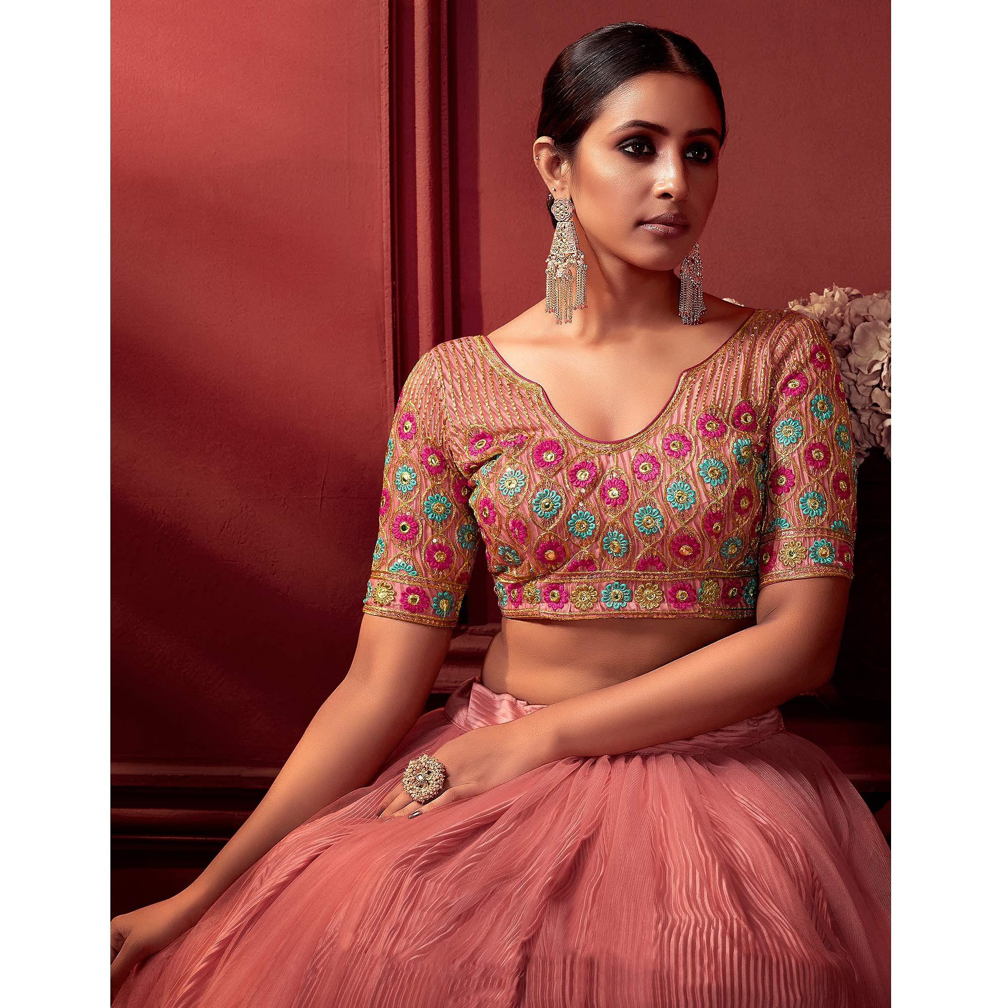 Peach Embellished With Embroidered Net Lehenga Choli - Peachmode