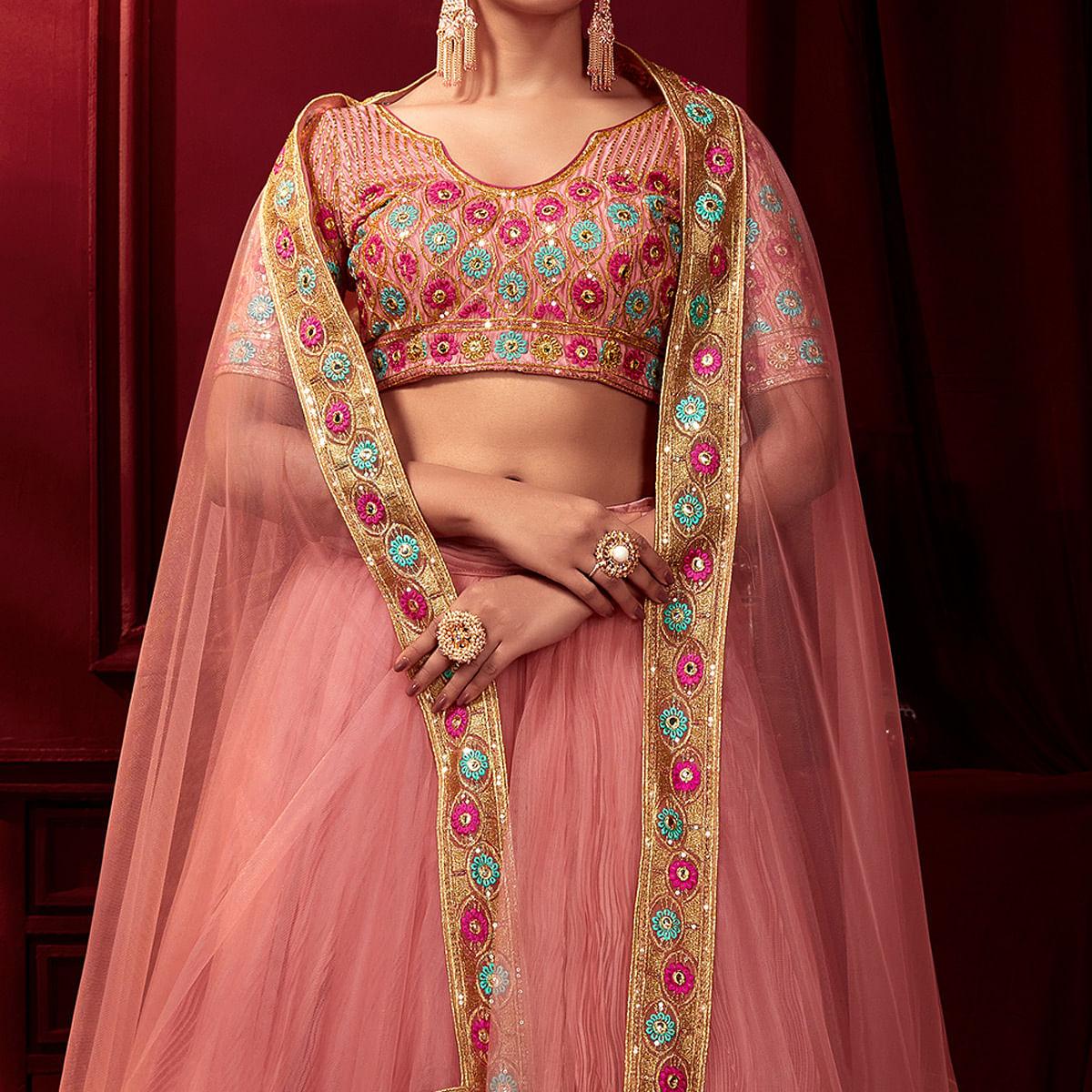 Peach Embellished With Embroidered Net Lehenga Choli - Peachmode