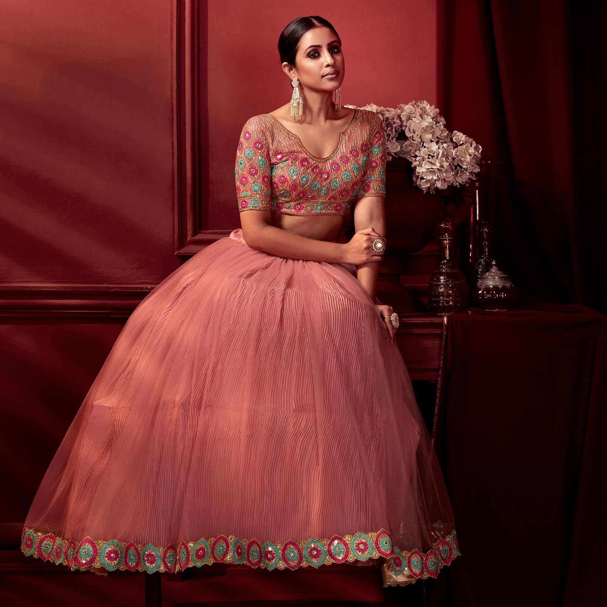 Peach Embellished With Embroidered Net Lehenga Choli - Peachmode