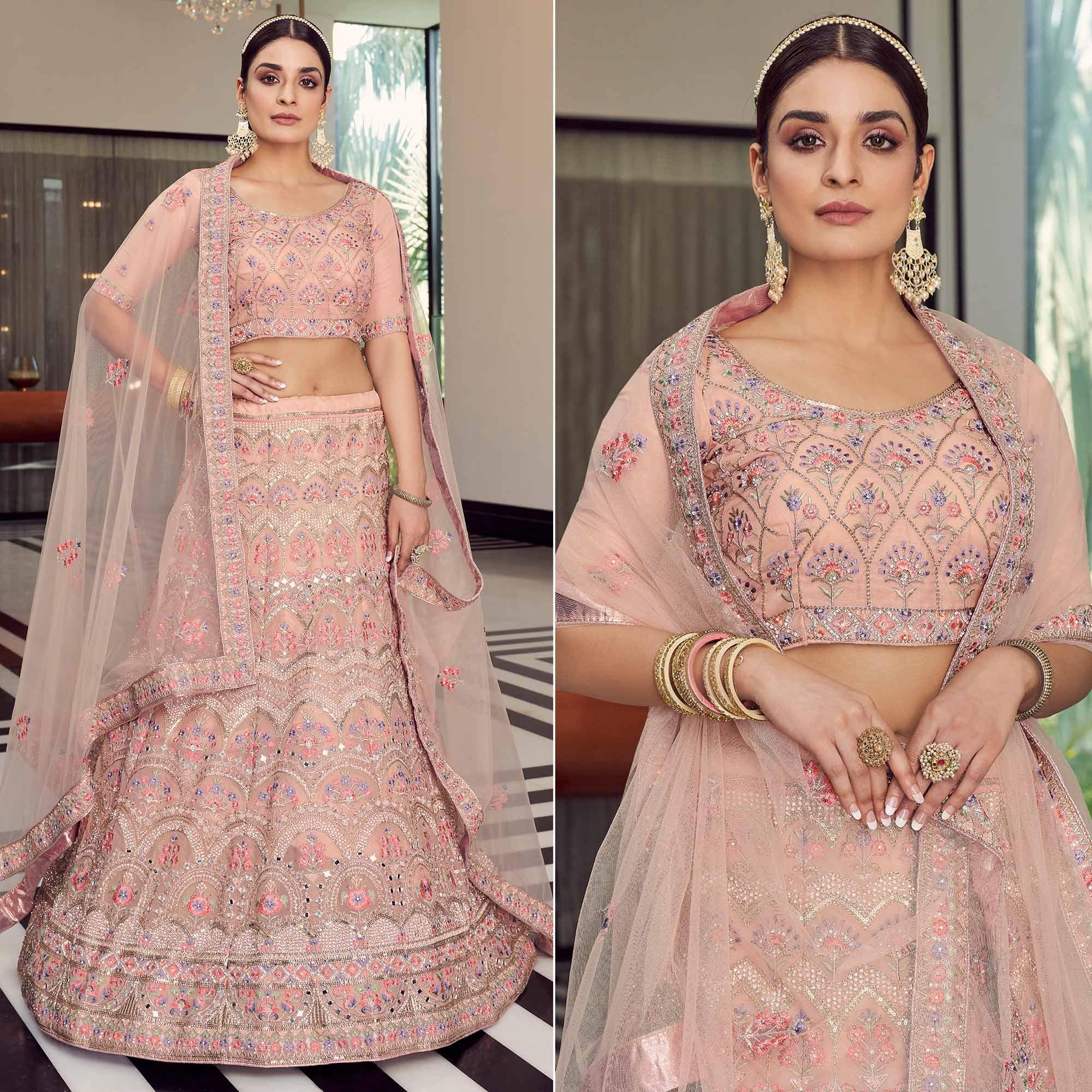 Peach Embellished With Embroidered Organza Lehenga Choli - Peachmode