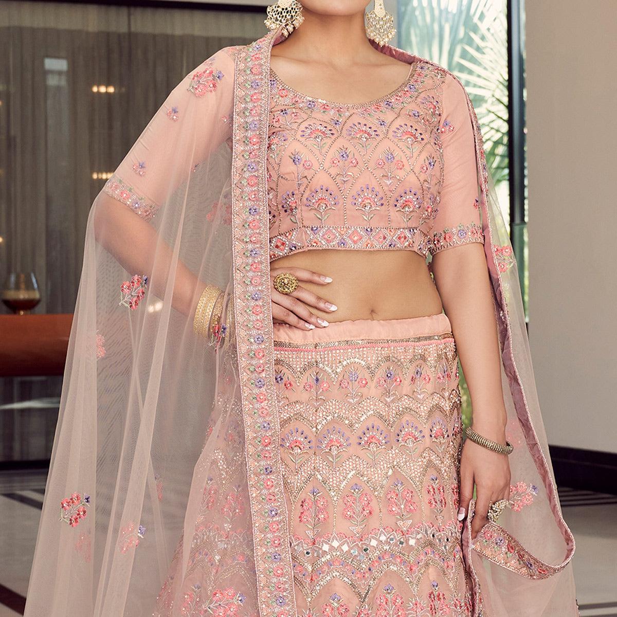 Peach Embellished With Embroidered Organza Lehenga Choli - Peachmode