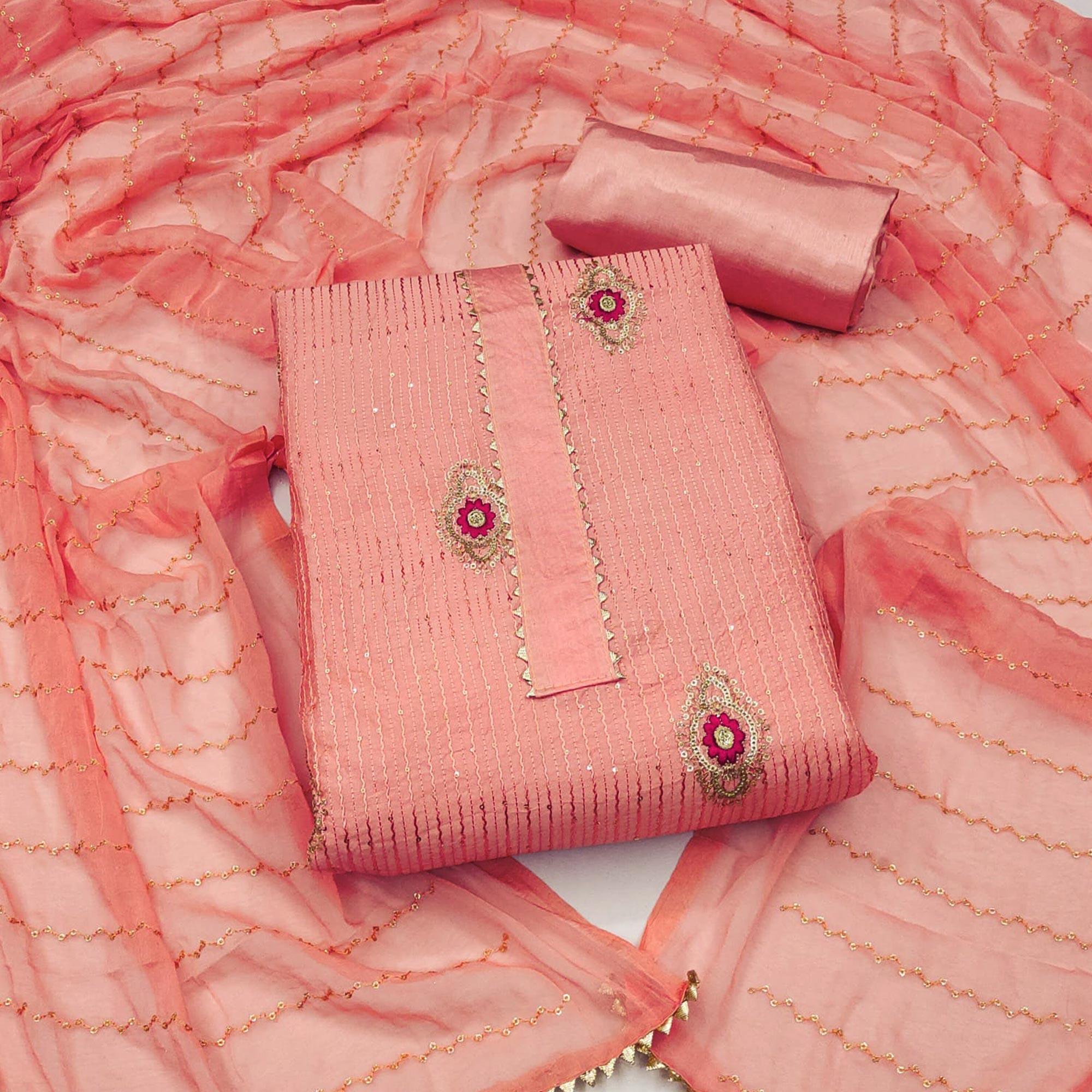Peach Embellished With Embroidered Poly Cotton Dress Material - Peachmode