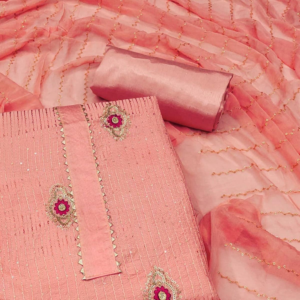 Peach Embellished With Embroidered Poly Cotton Dress Material - Peachmode