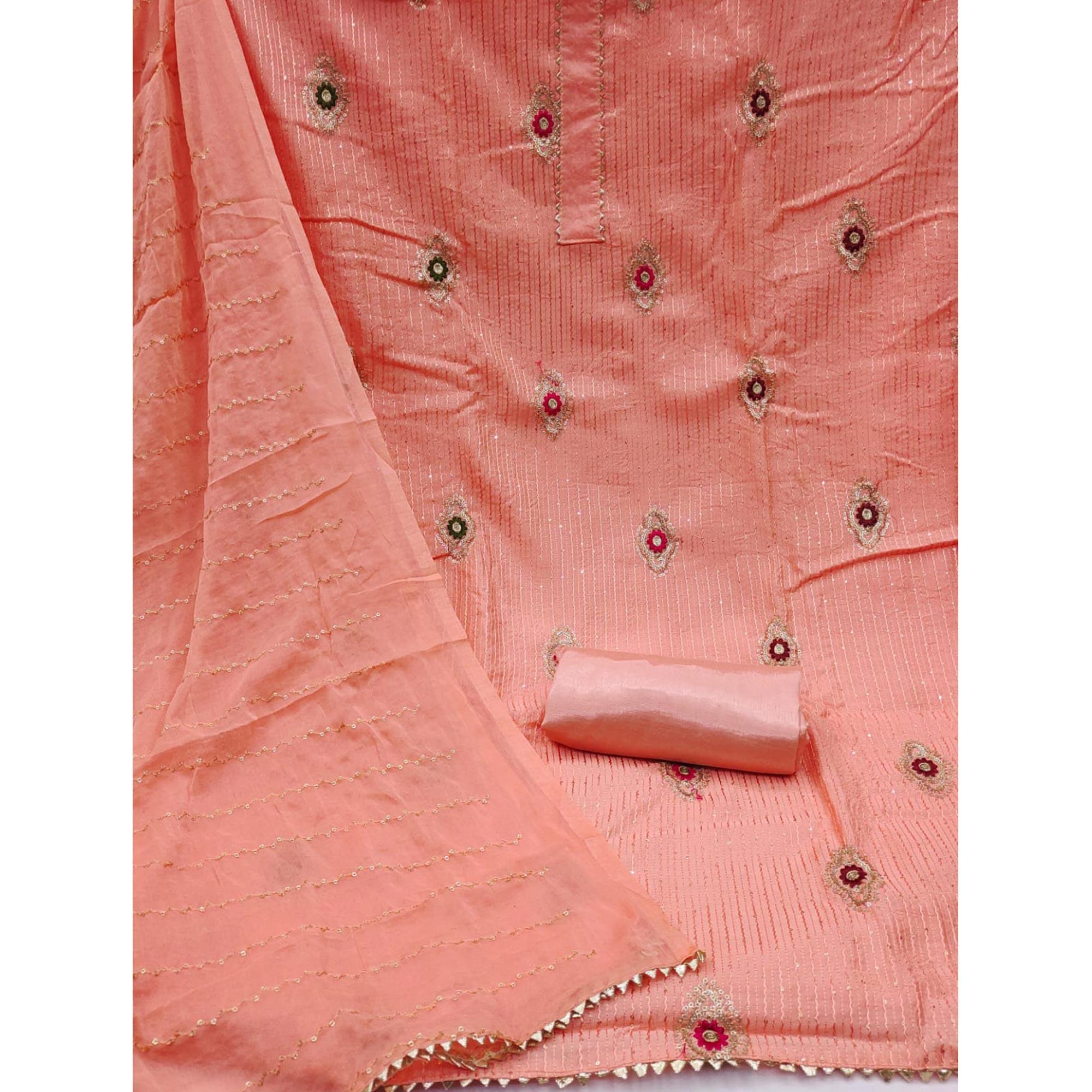 Peach Embellished With Embroidered Poly Cotton Dress Material - Peachmode