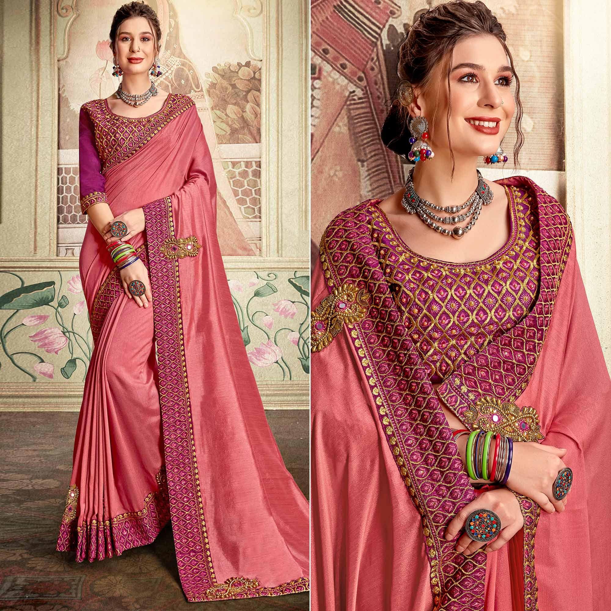 Peach Embellished With Embroidered Vichitra Silk Saree - Peachmode