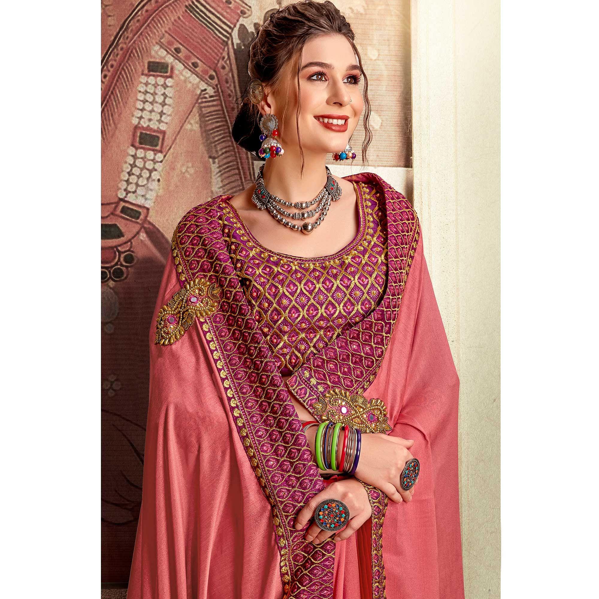 Peach Embellished With Embroidered Vichitra Silk Saree - Peachmode