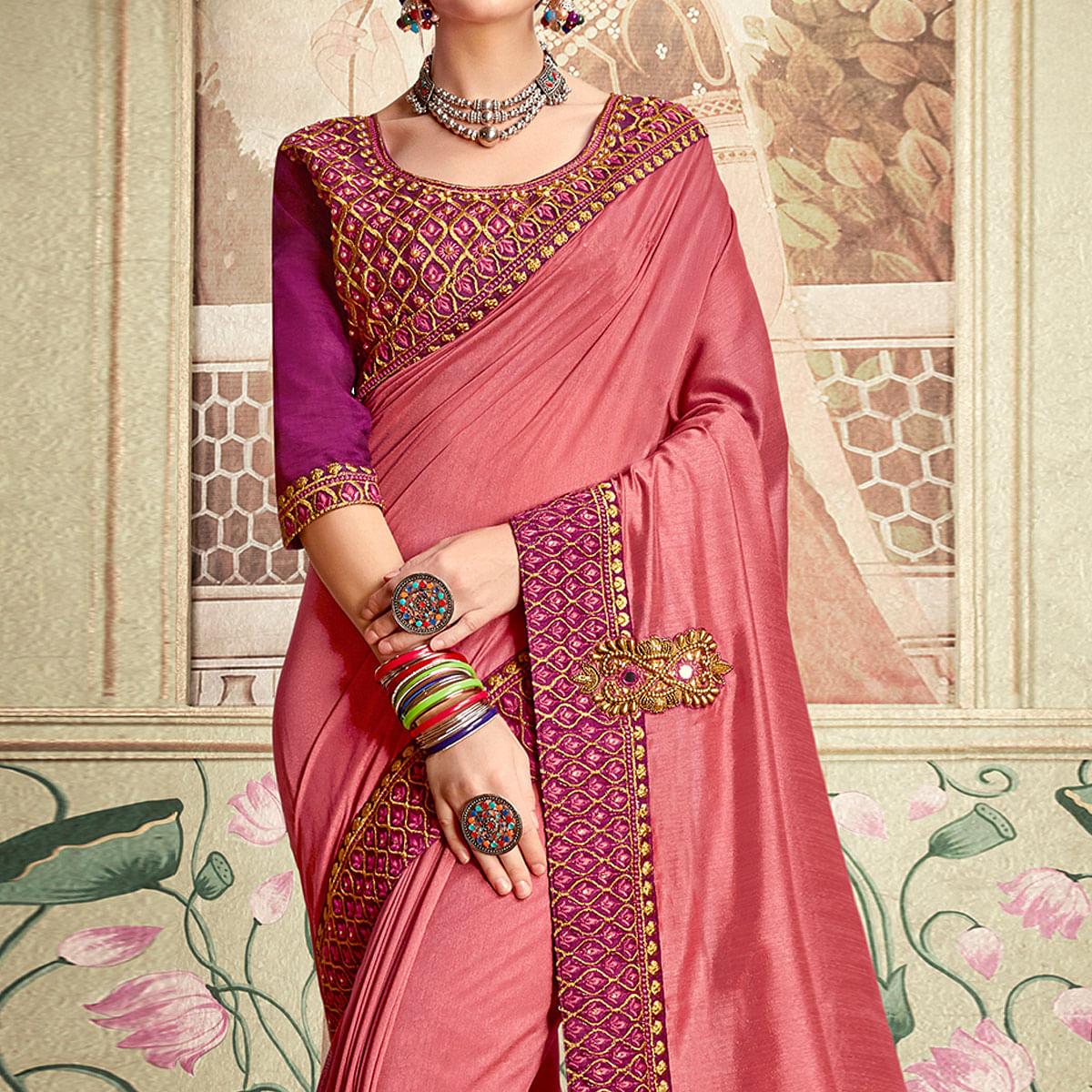 Peach Embellished With Embroidered Vichitra Silk Saree - Peachmode