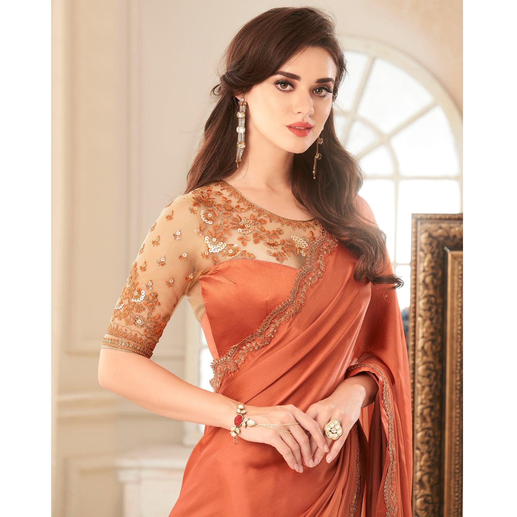 Peach Embroidered & Embellished Satin Saree - Peachmode