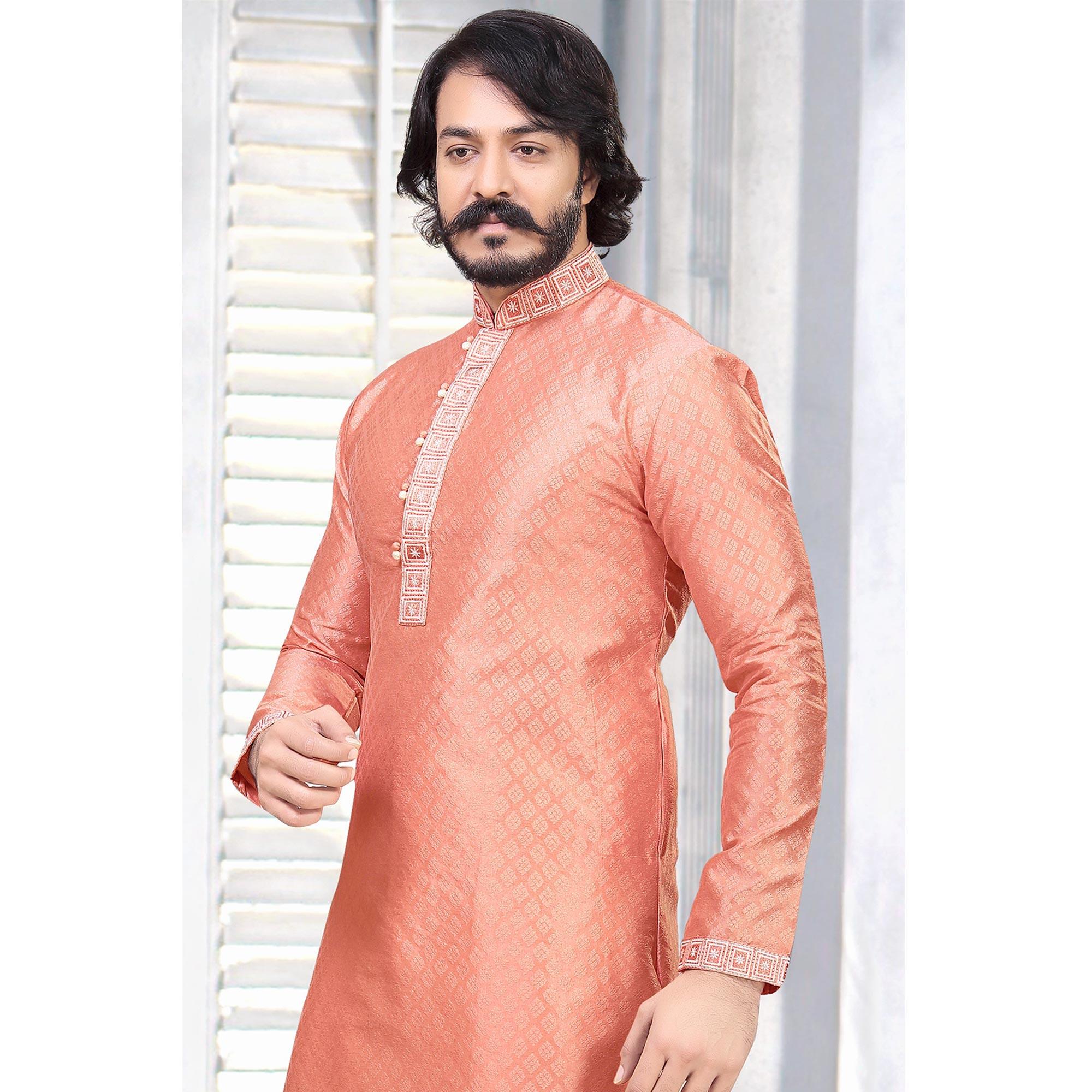 Peach Embroidered Art Silk Mens's Kurta Pyjama Set - Peachmode