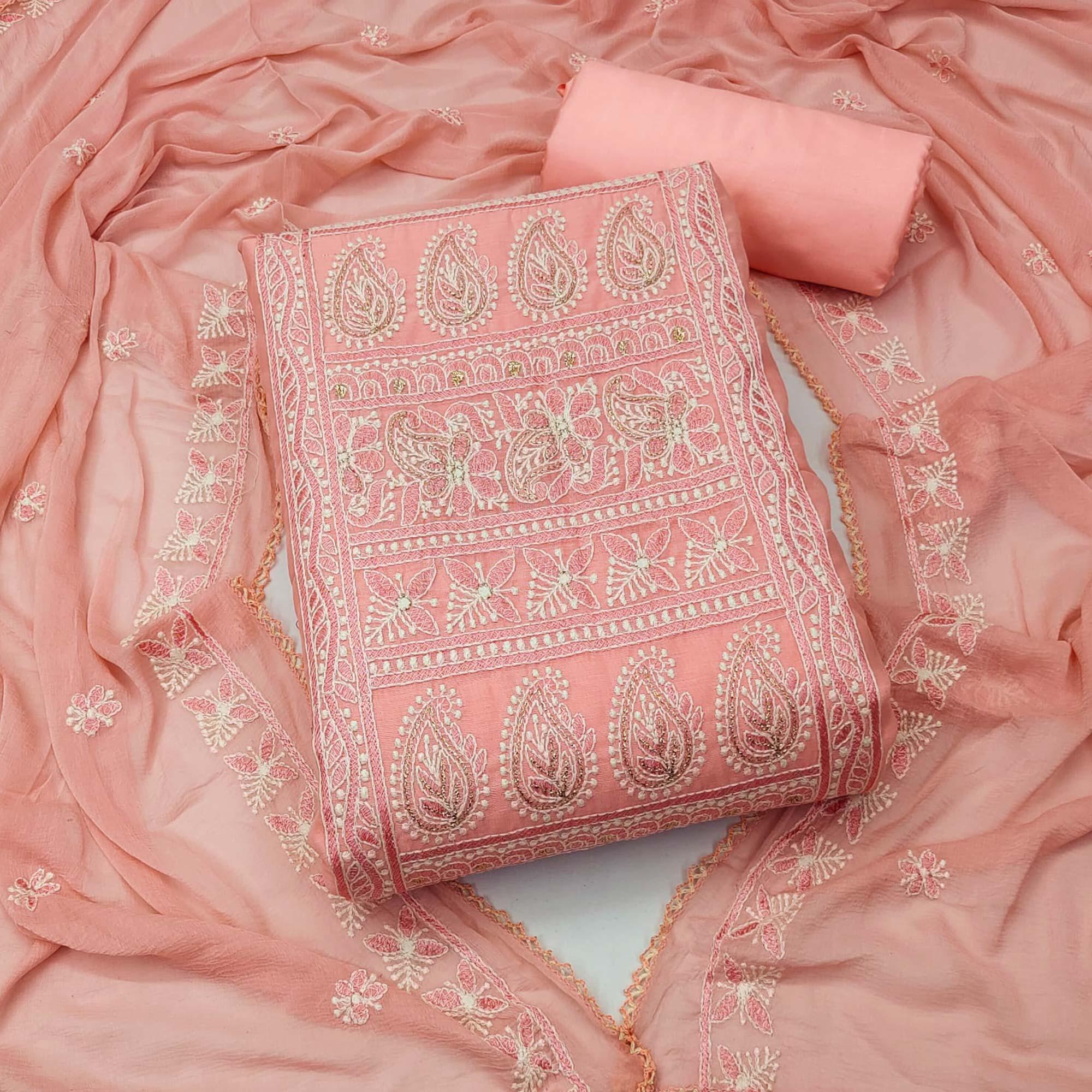 Peach Embroidered Chanderi Dress Material - Peachmode
