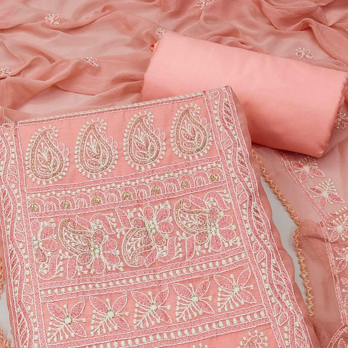 Peach Embroidered Chanderi Dress Material - Peachmode
