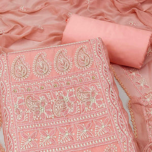 Peach Embroidered Chanderi Dress Material - Peachmode