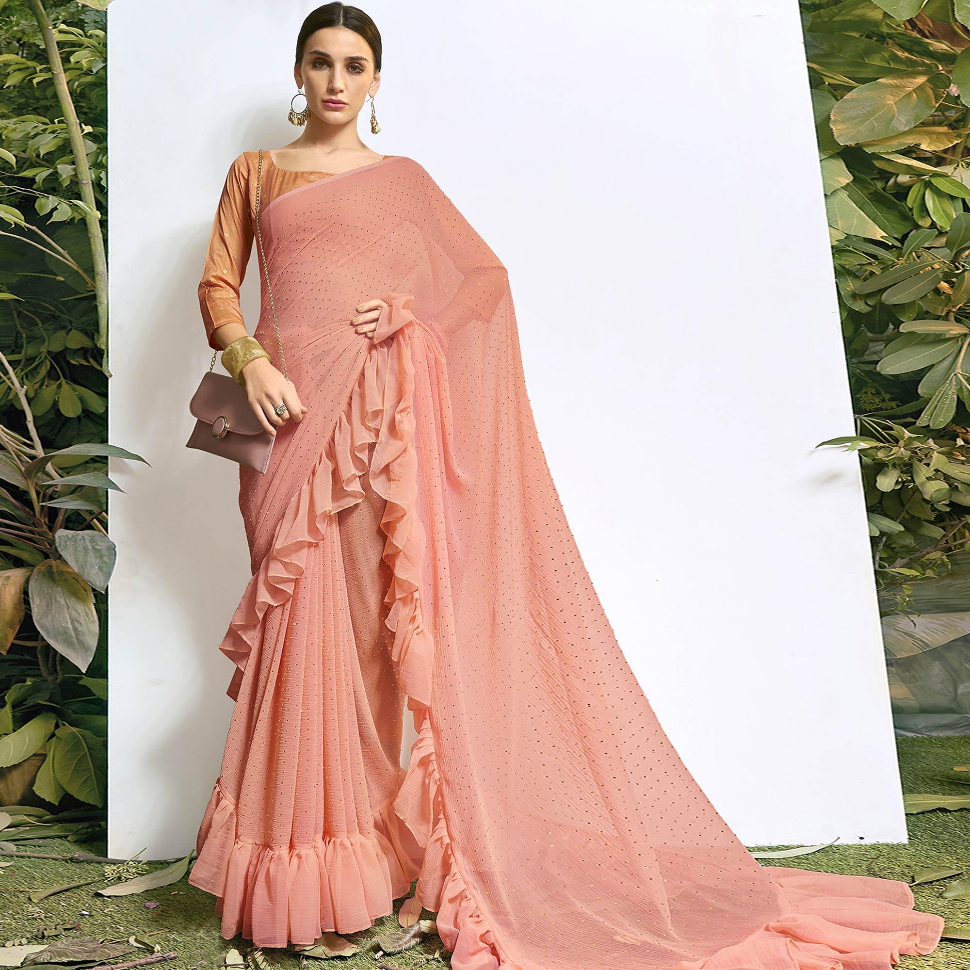 Peach Embroidered Chiffon Saree - Peachmode