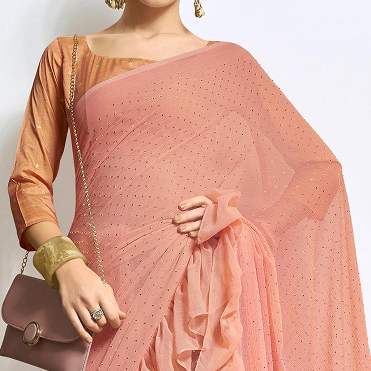 Peach Embroidered Chiffon Saree - Peachmode