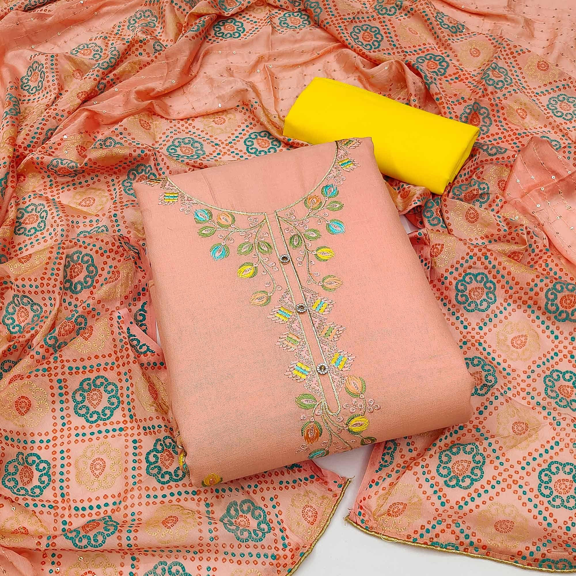 Peach Embroidered Cotton Dress Material UNSTITCHED