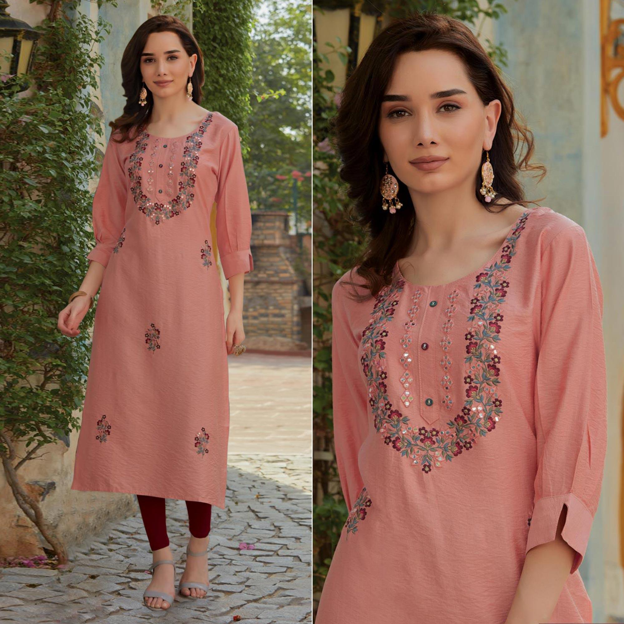 Peach Embroidered Cotton Silk Kurti - Peachmode