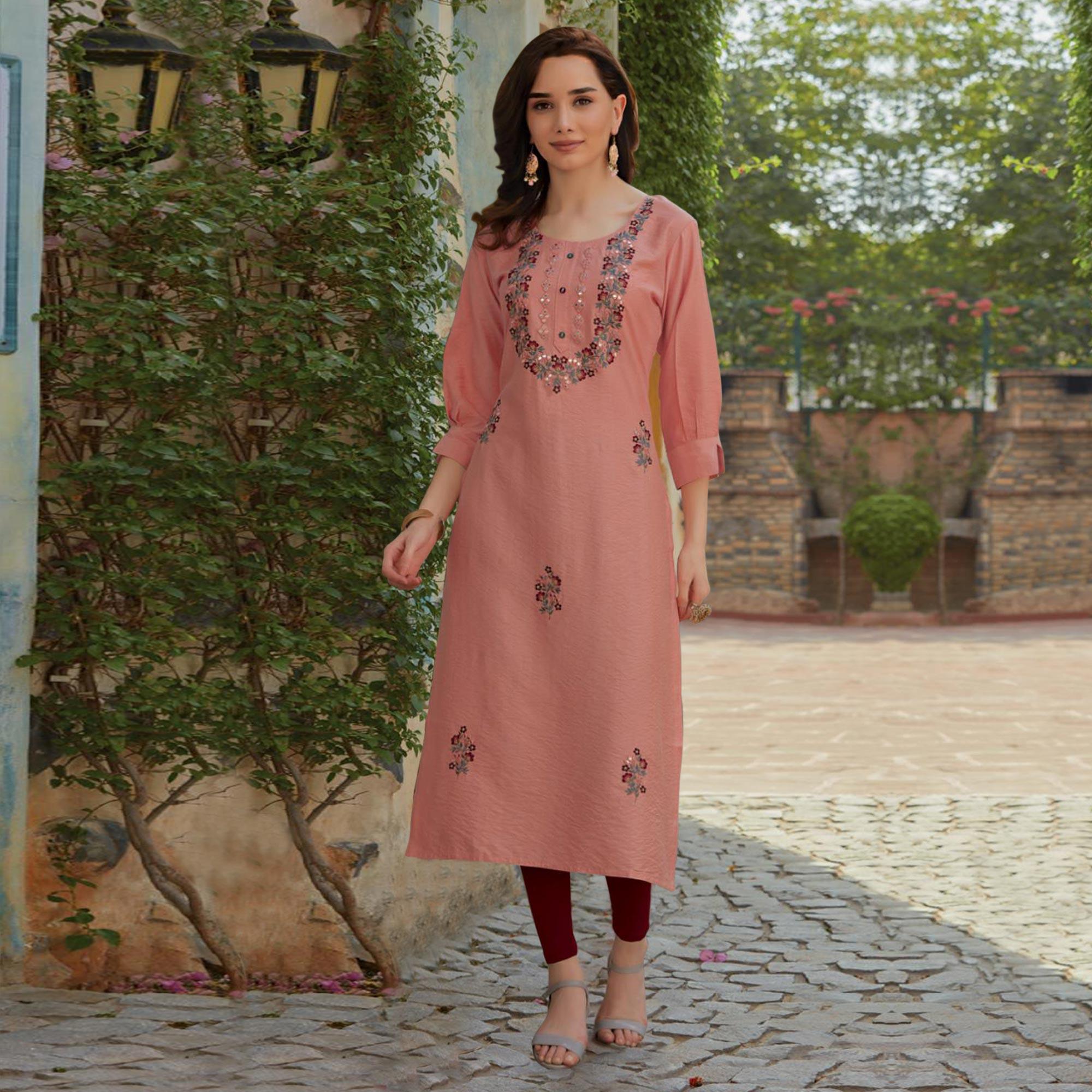 Peach Embroidered Cotton Silk Kurti - Peachmode