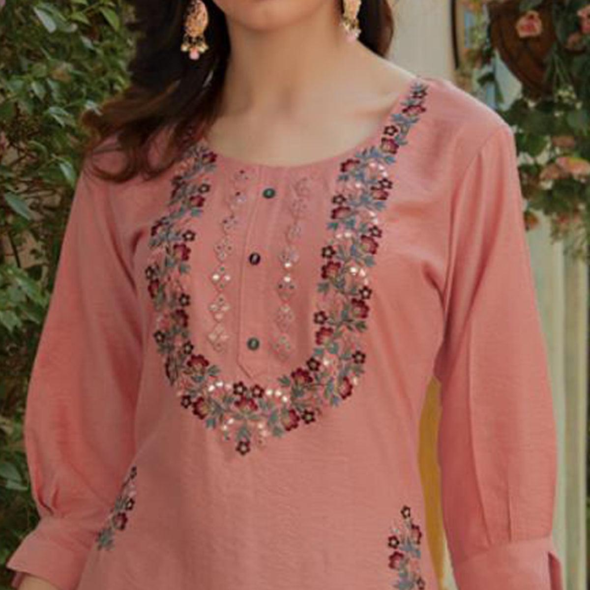 Peach Embroidered Cotton Silk Kurti - Peachmode