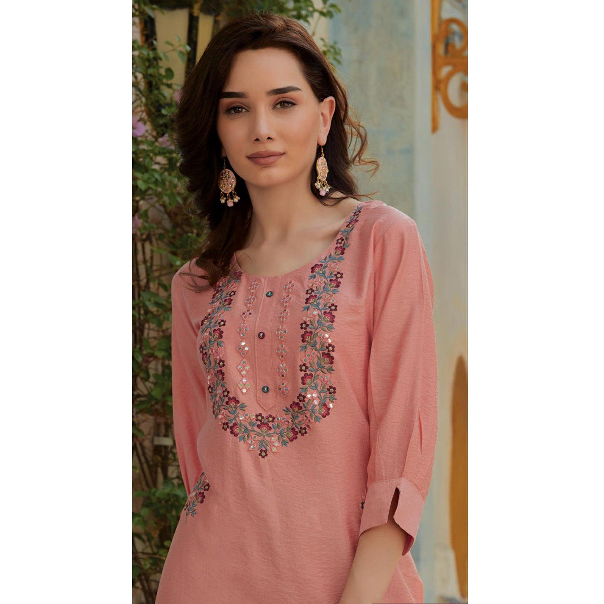 Peach Embroidered Cotton Silk Kurti - Peachmode