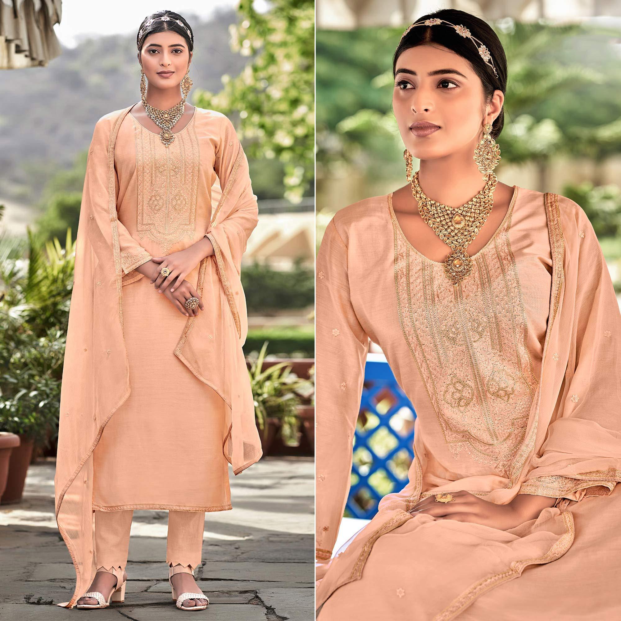 Peach Embroidered Cotton Silk Suit - Peachmode