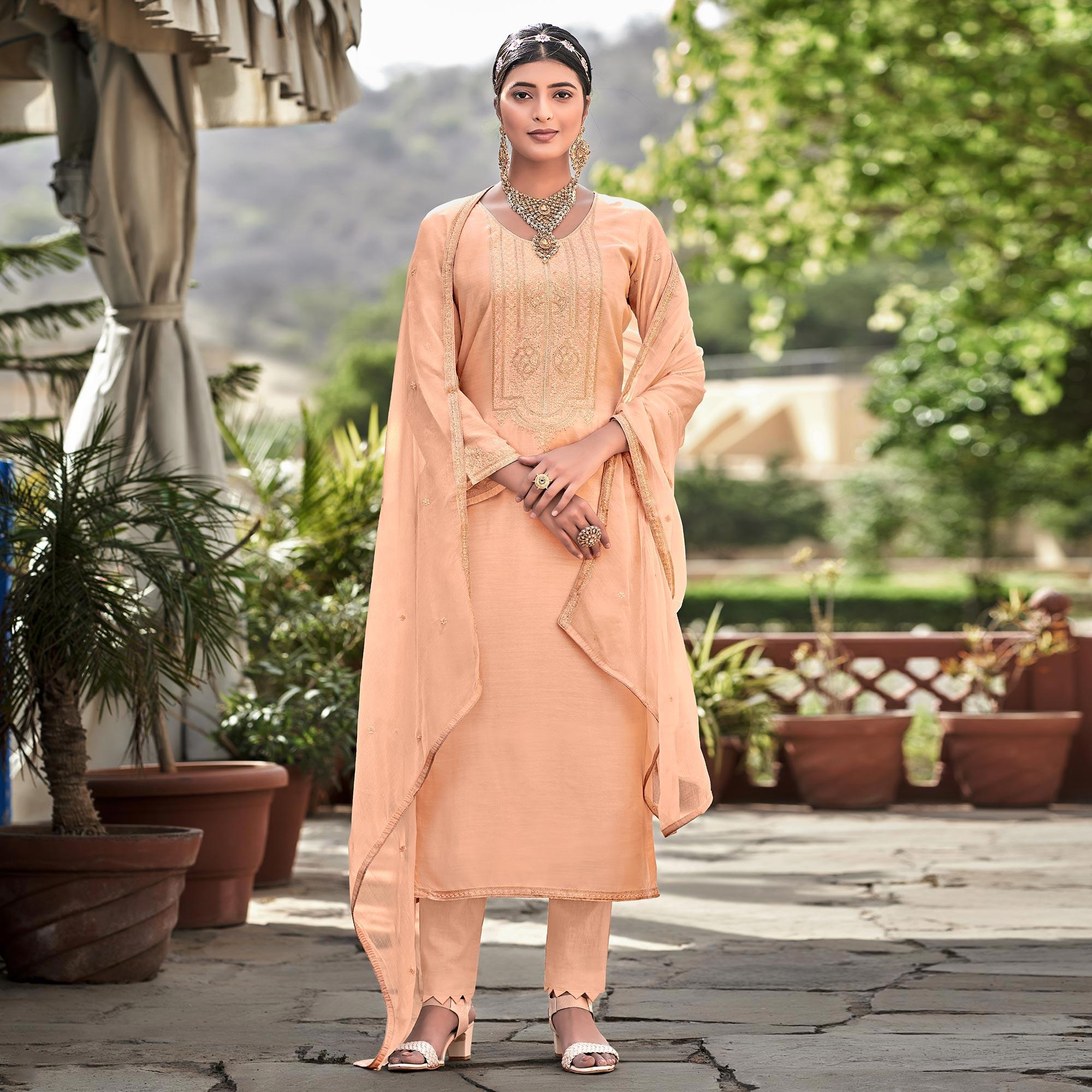 Peach Embroidered Cotton Silk Suit - Peachmode