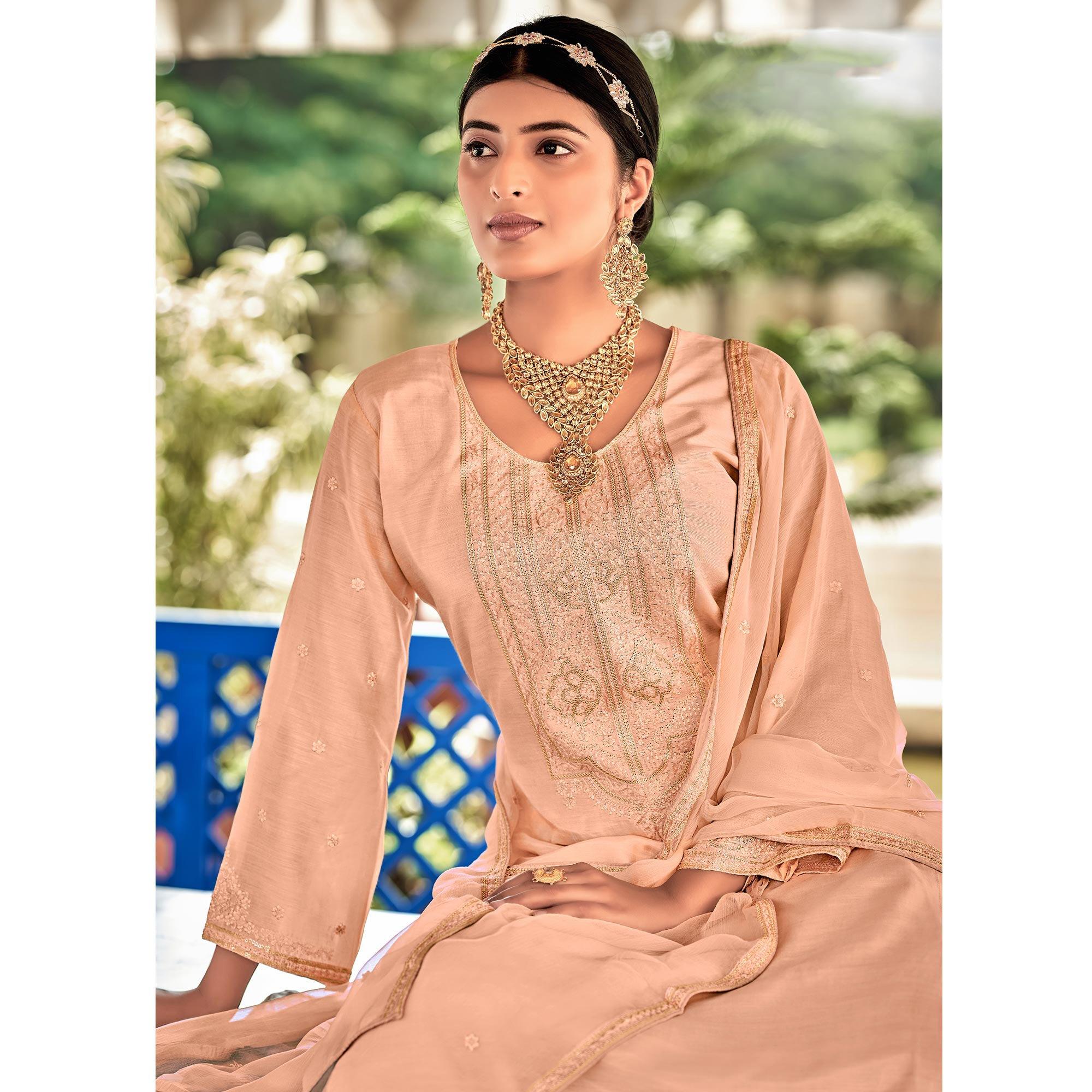 Peach Embroidered Cotton Silk Suit - Peachmode
