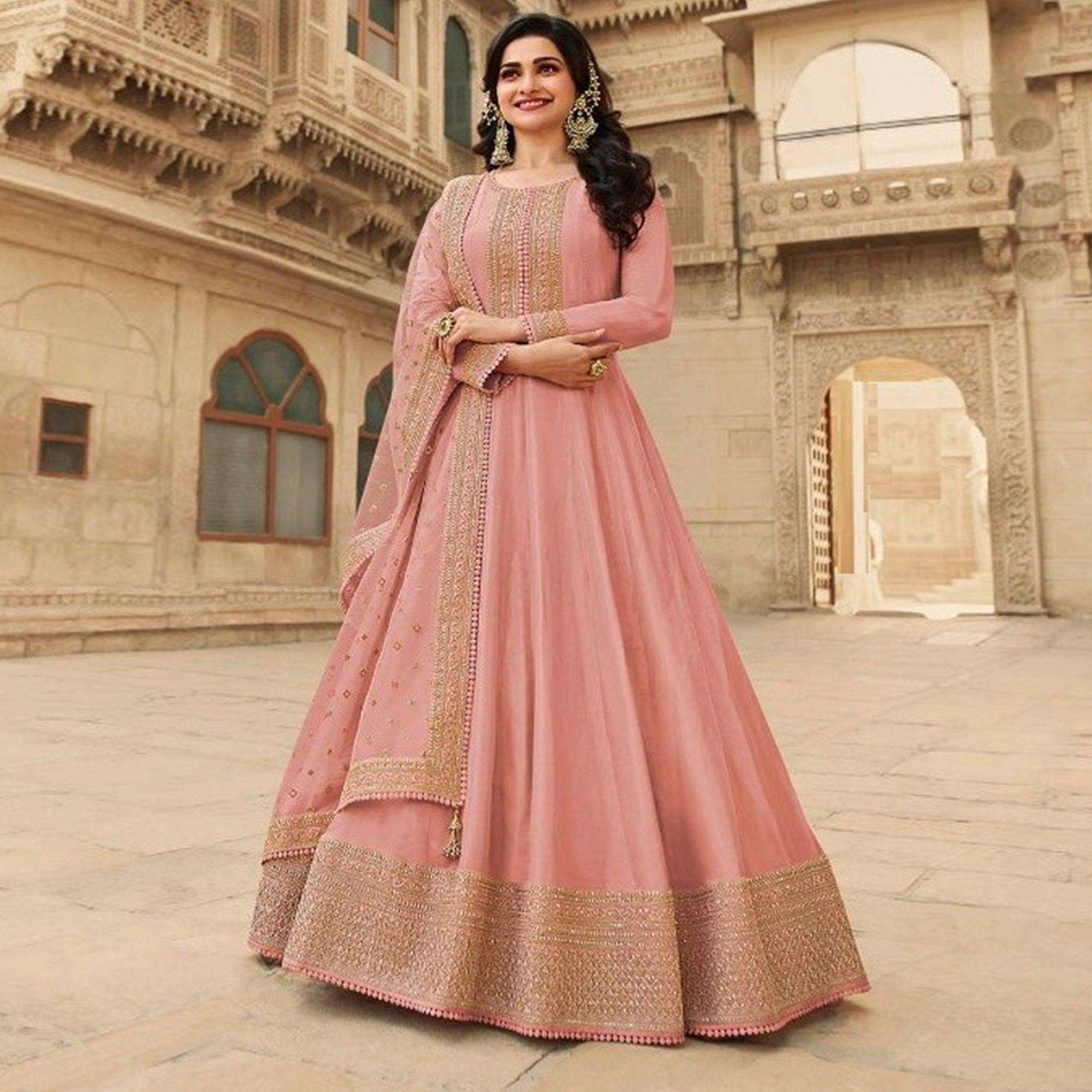 sachin and babi light blue dress Peach Pink Bridal Pishwas Dress, Embroidered Organza Lehenga main image 0