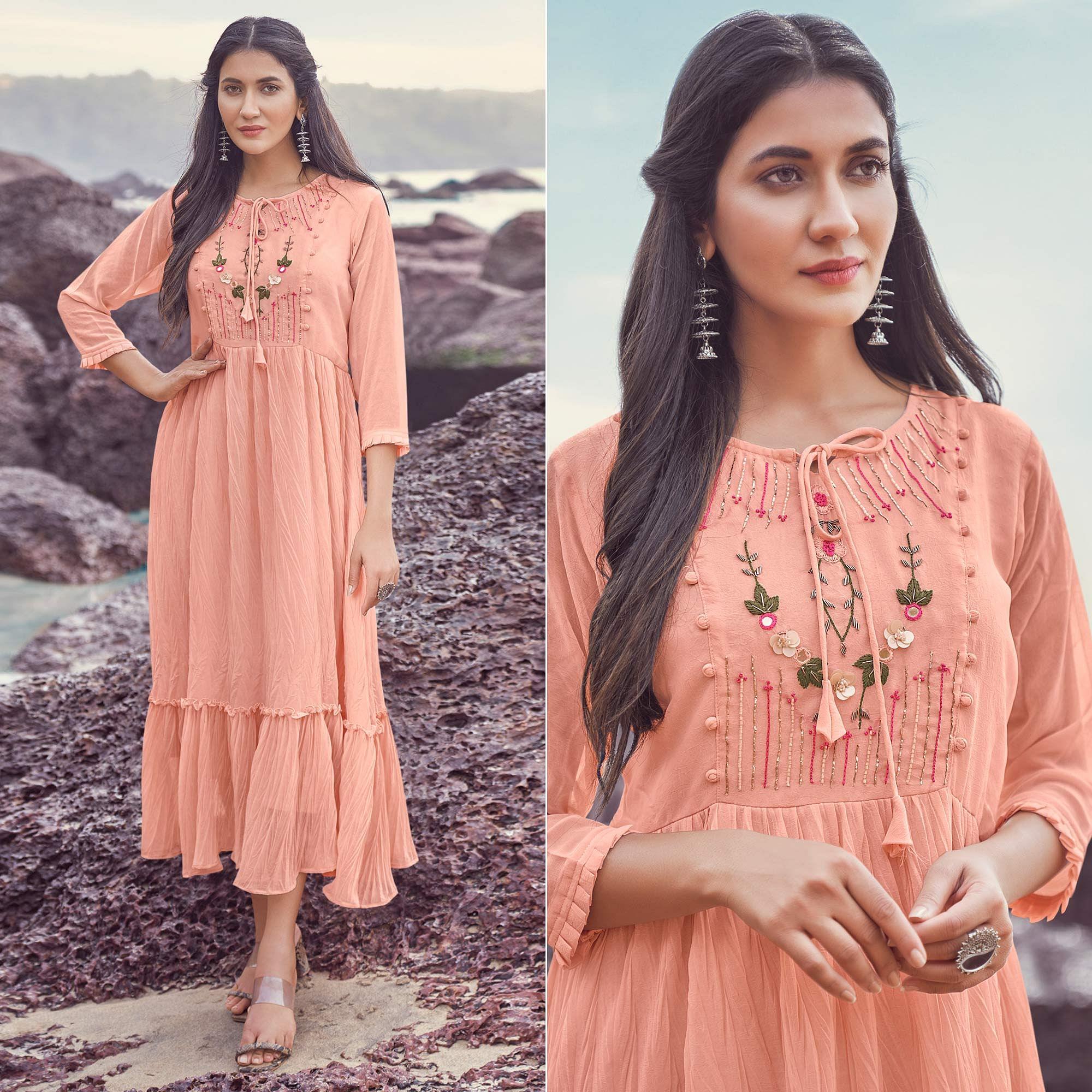 Peach Casual Wear Embroidered Georgette Dress