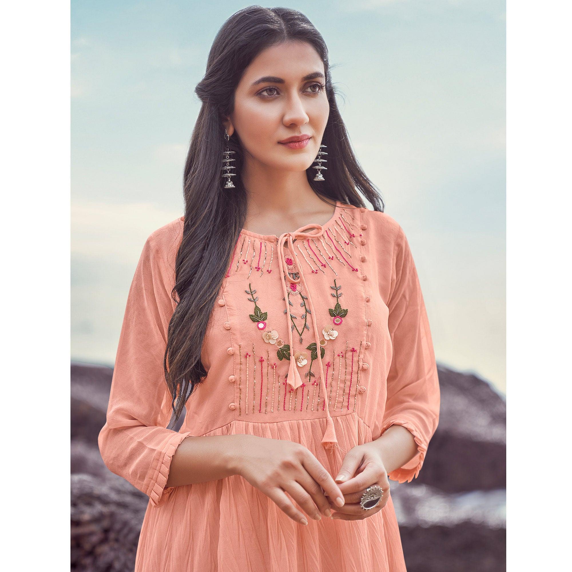 Peach Casual Wear Embroidered Georgette Dress