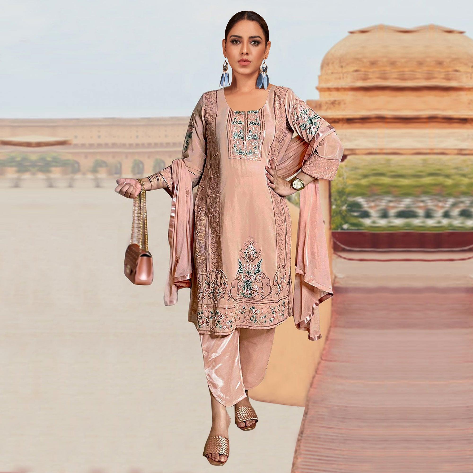 Peach Embroidered Georgette Pakistani Suit - Peachmode