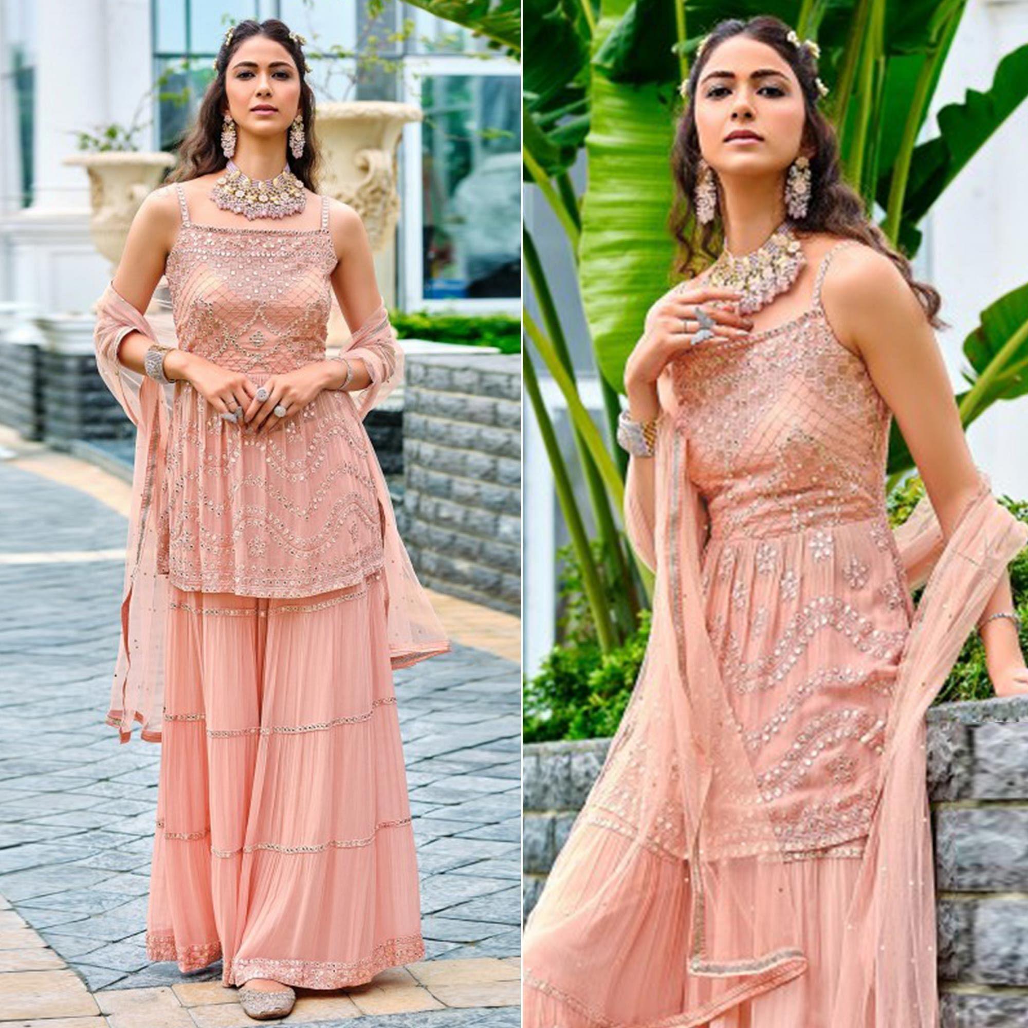 Peach Embroidered Georgette Sharara Suit - Peachmode