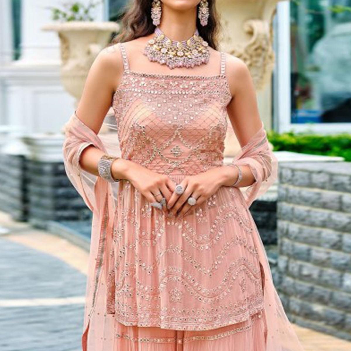 Peach Embroidered Georgette Sharara Suit - Peachmode