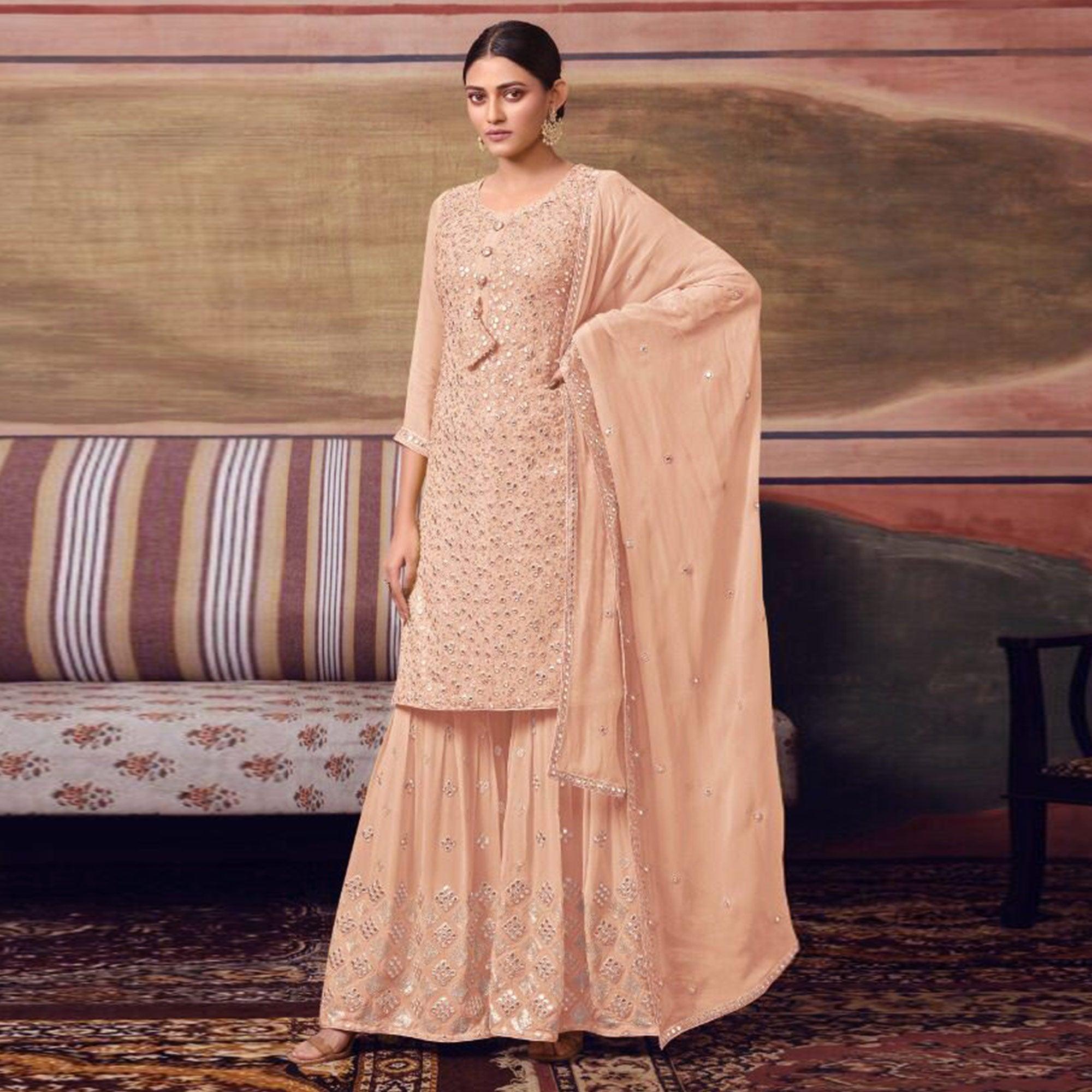 Peach Embroidered Georgette Sharara Suit - Peachmode