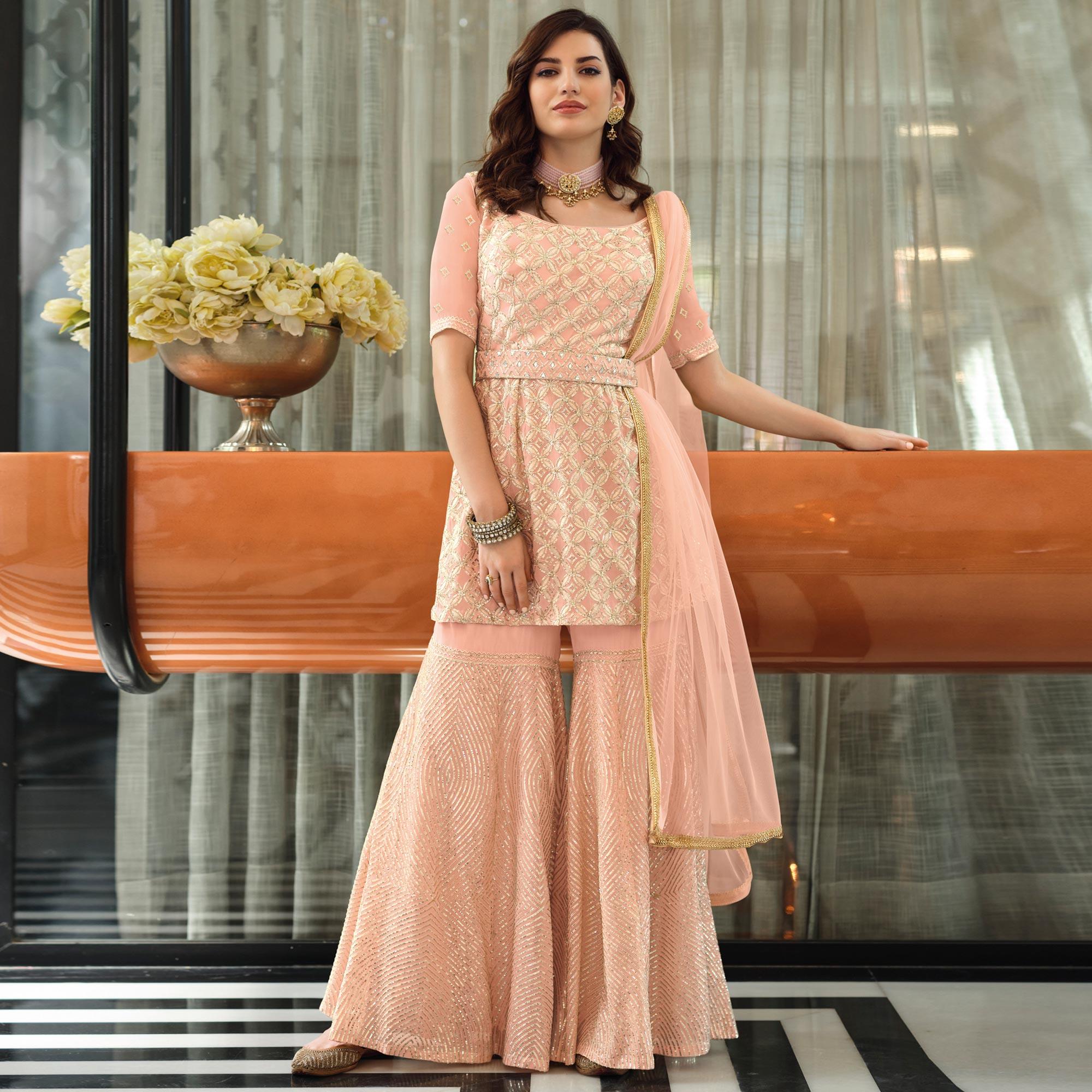 Peach Embroidered Georgette Sharara Suit - Peachmode